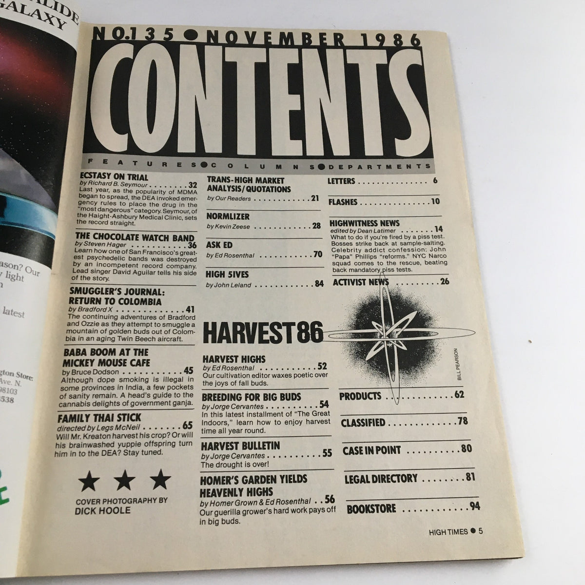 Table of contents page from High Times Magazine November 1986, listing features including Smuggler's Journal and Harvest86.