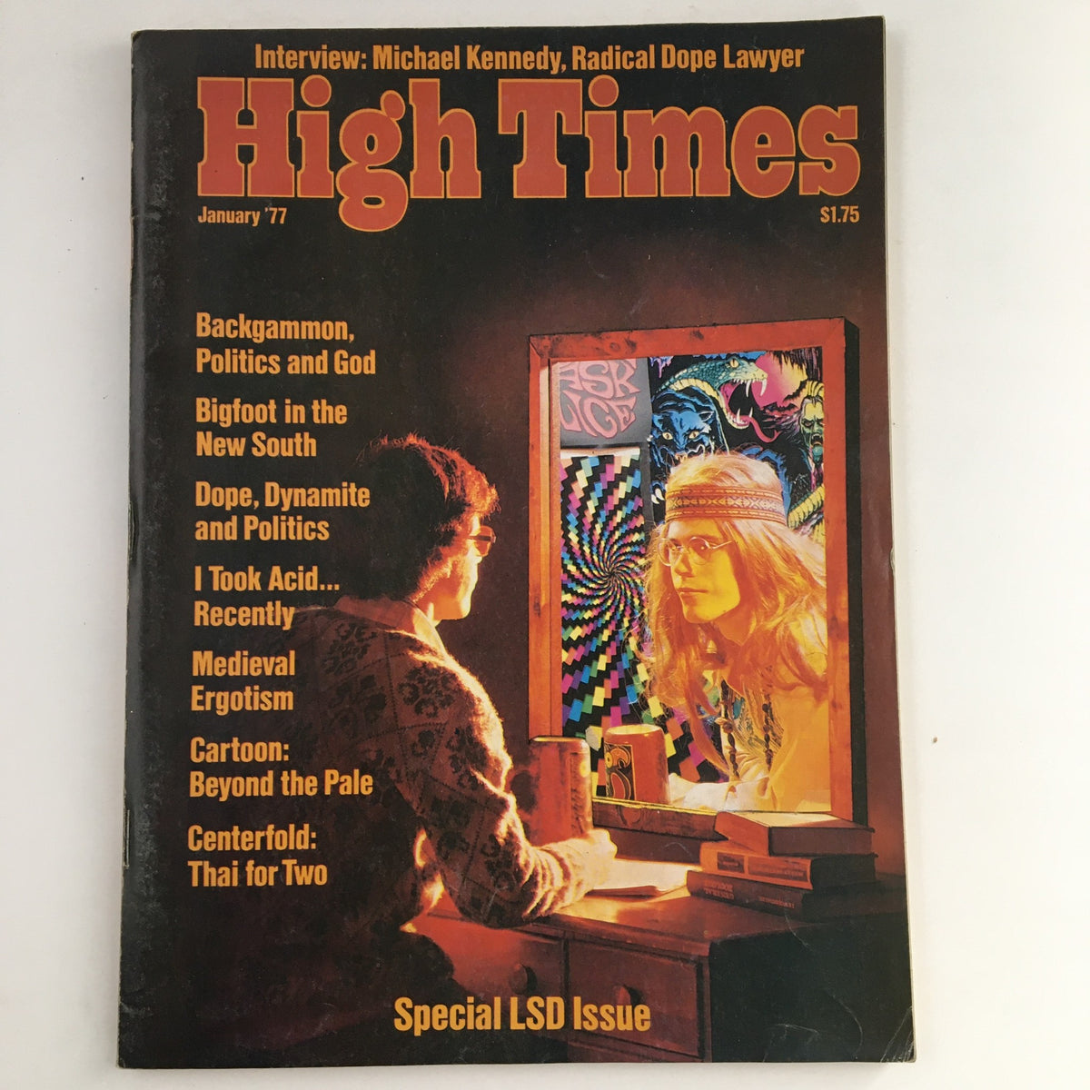 Cover of High Times Magazine January 1977 featuring articles on topics like Medieval Ergotism by Michael Kennedy, psychedelic imagery, and cultural reflections from the cannabis movement.