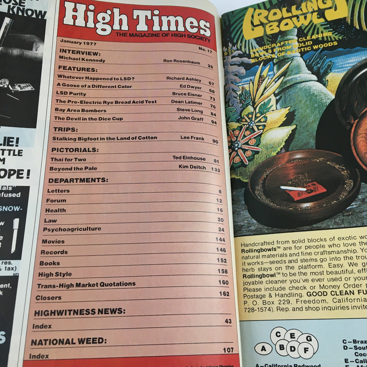 Interior page of High Times Magazine January 1977 showcasing the table of contents, listing articles including an interview with Michael Kennedy and various features related to cannabis culture.