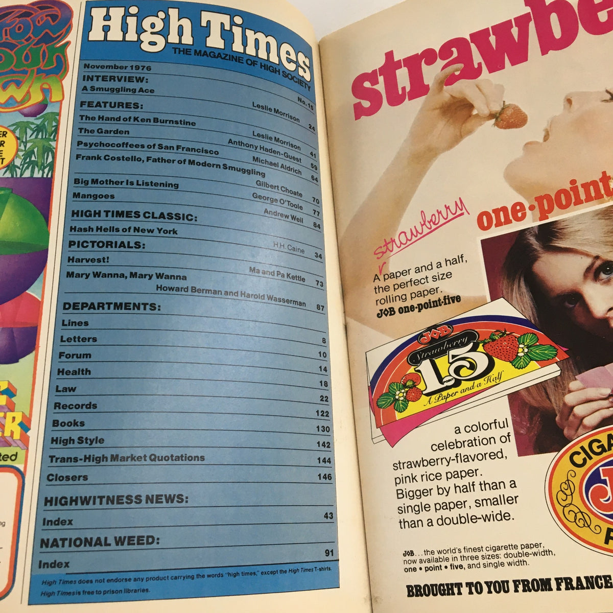 Inside page of High Times Magazine, November 1976. Showcases the table of contents, including features on cannabis culture, an interview with a smuggling ace, and various articles from the 1970s.