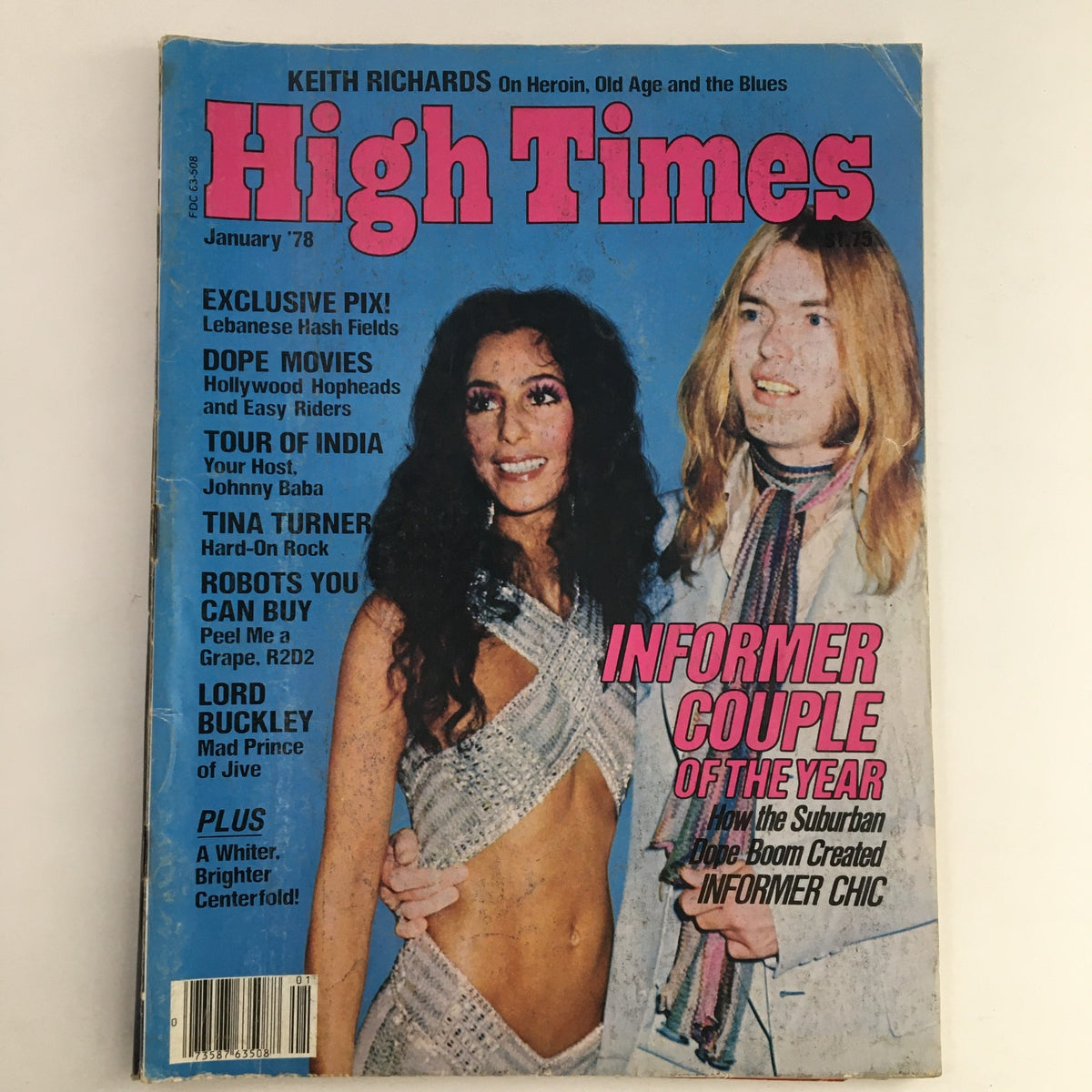 Cover of High Times Magazine January 1978 featuring Cher and a male figure, highlighting the iconic article on Heroin Blues and cultural insights.