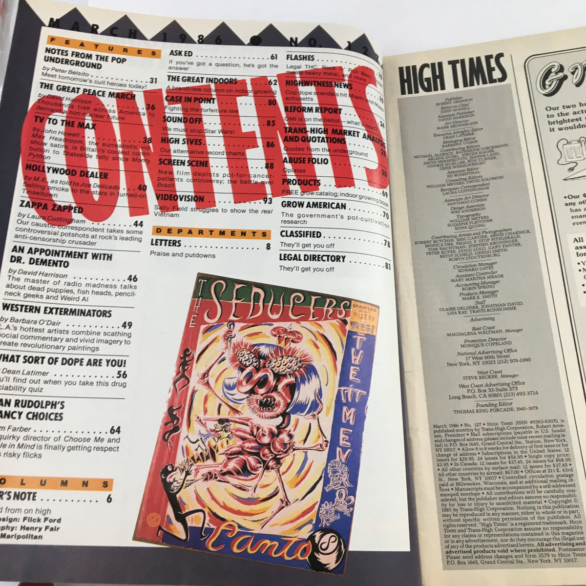 Inside pages of High Times Magazine March 1986 displaying the table of contents with features such as 'Growing Pot in the Great Indoors' and various other articles related to cannabis culture.