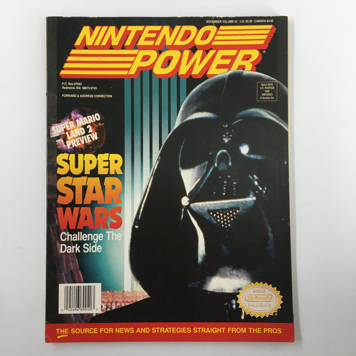 Cover of Nintendo Power Magazine November 1992 #42 featuring Star Wars Dark Side with Darth Vader