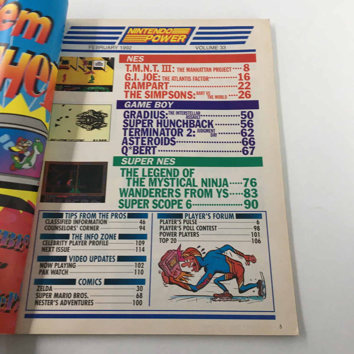 Interior page of Nintendo Power Magazine February 1992 #33 displaying the table of contents, highlighting articles including TMNT III and various gaming topics.