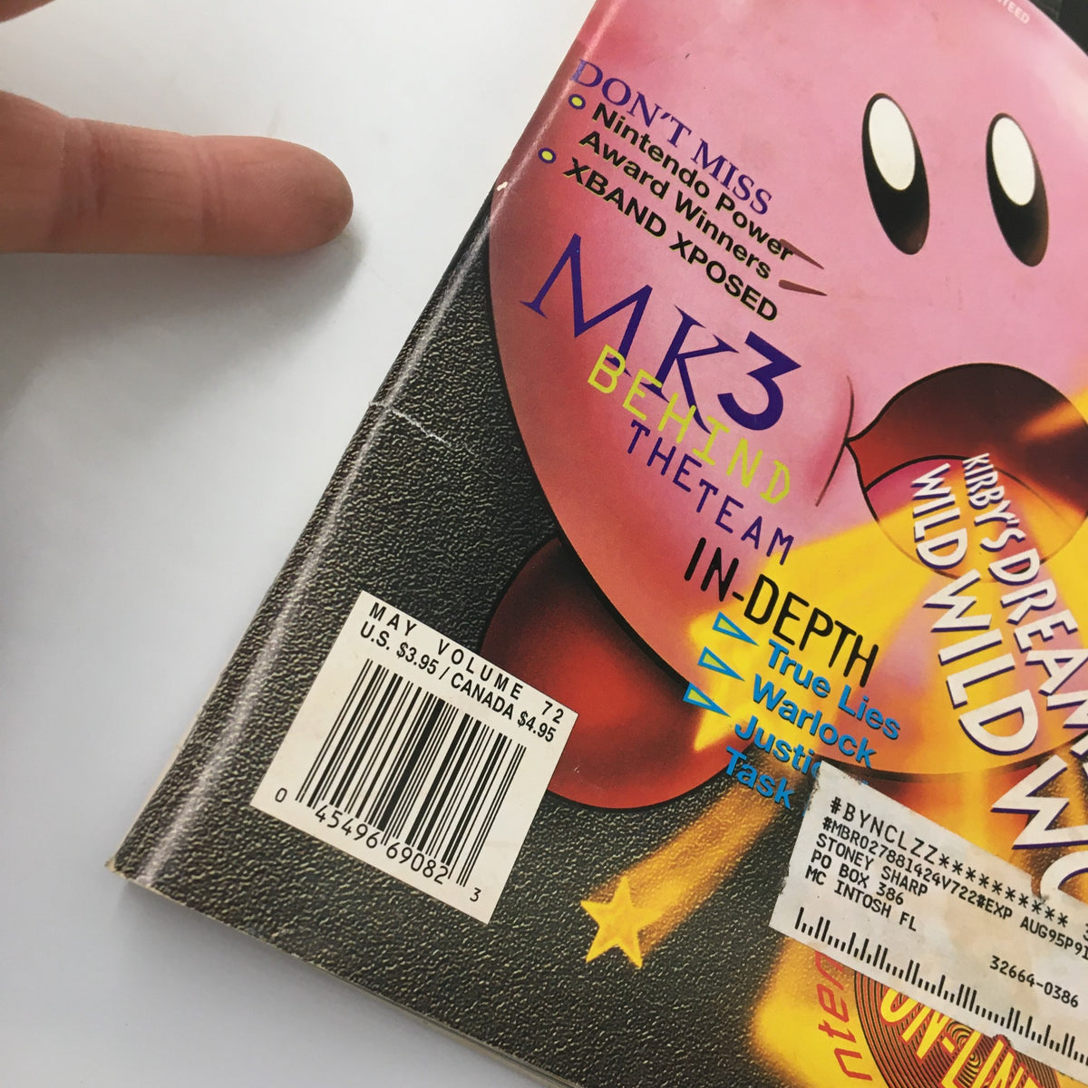 Close-up detail of the back cover of Nintendo Power Magazine May 1995, Issue #72 showcasing Kirby's Dreamland 2 and key promotional text.