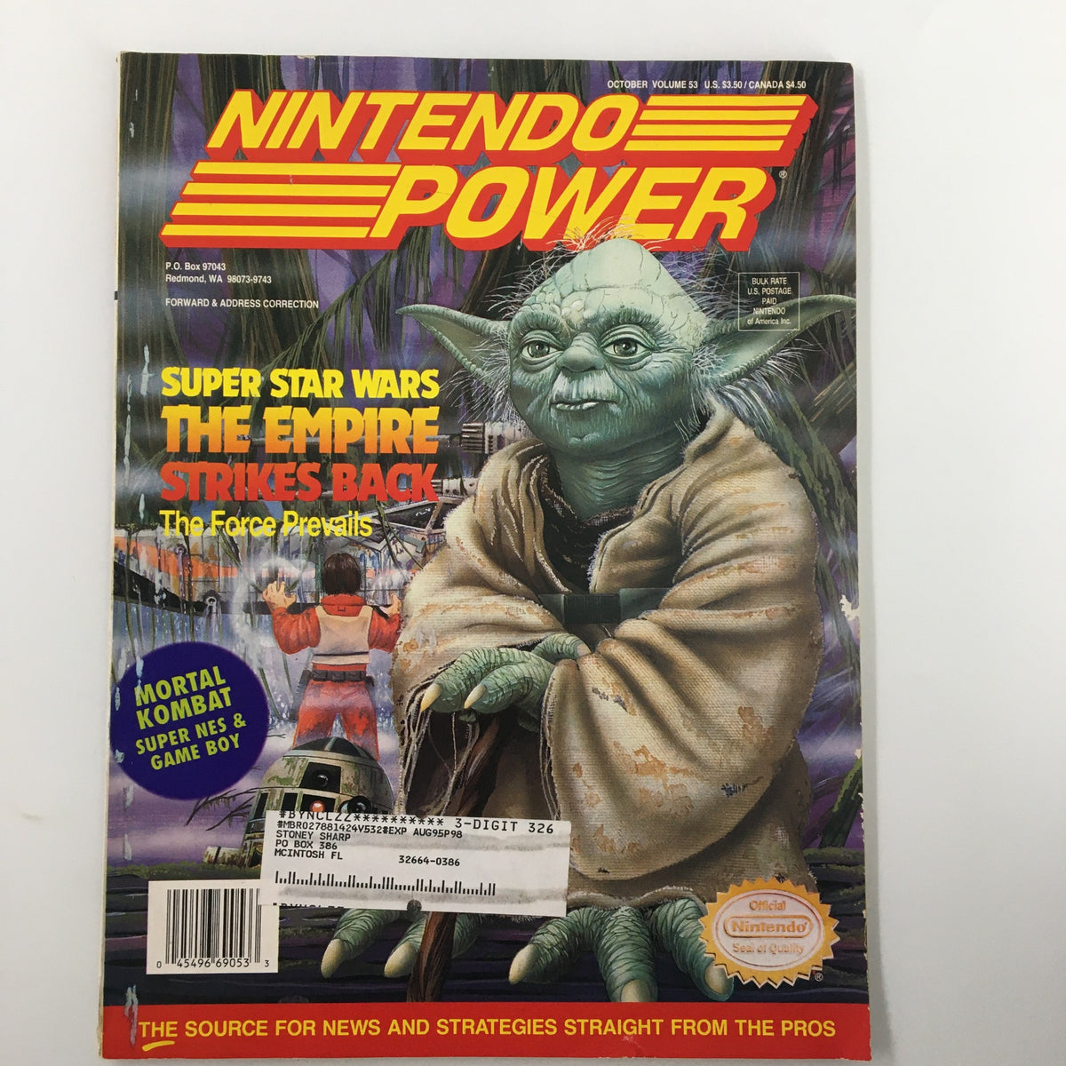 Cover of Nintendo Power Magazine October 1993 #53 featuring Star Wars: The Empire Strikes Back. The cover displays Yoda with vibrant colors and includes text about Super Star Wars and Mortal Kombat on Super NES and Game Boy.