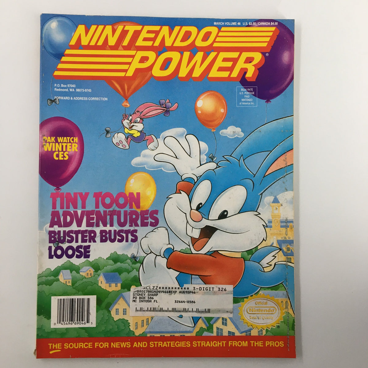 Cover of Nintendo Power Magazine March 1993 #46 featuring Tiny Toon Adventures with Buster Bust. Colorful design with characters and balloons, showcasing gaming nostalgia.