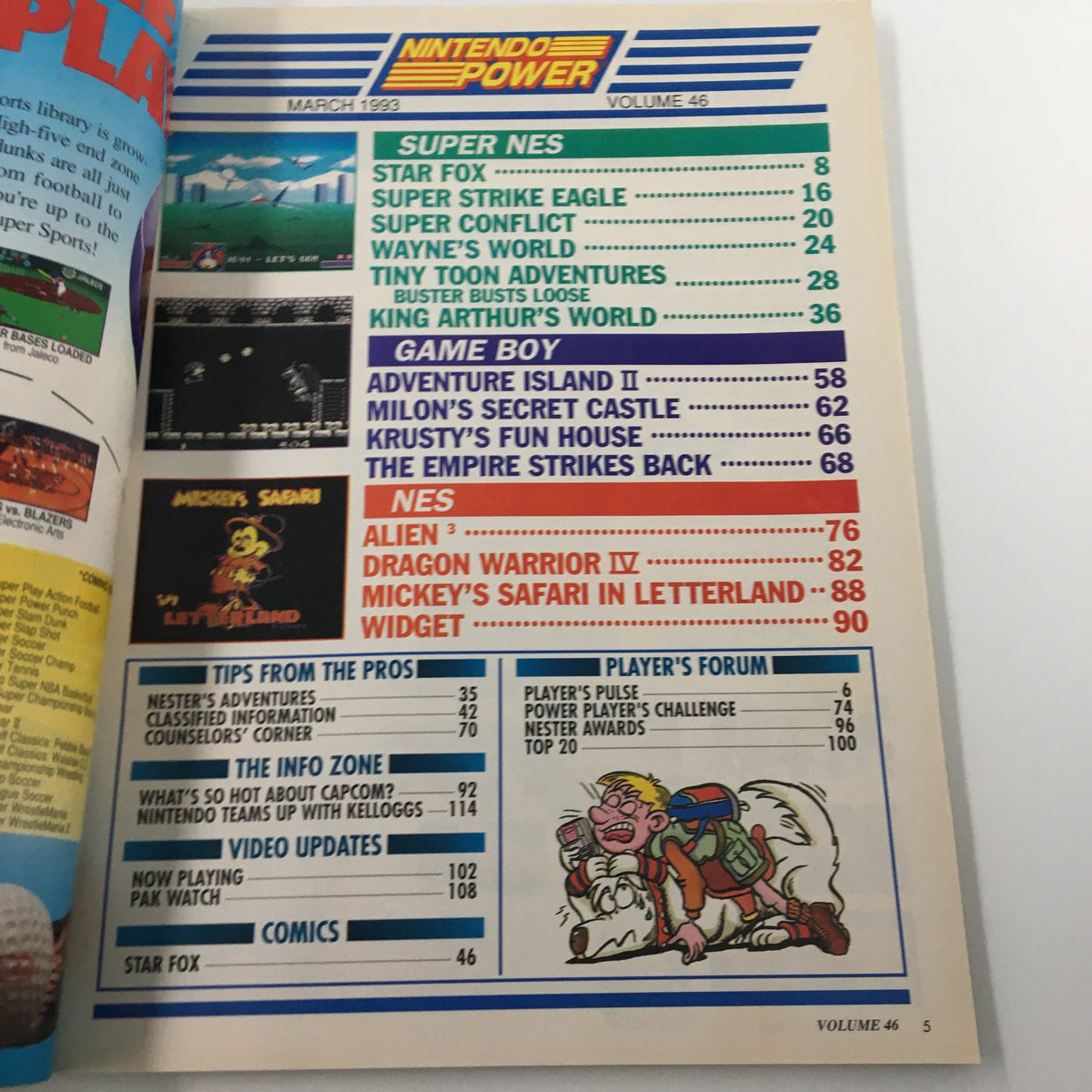 Table of contents page from Nintendo Power Magazine March 1993 #46 with featured games including Tiny Toon Adventures and Star Fox.