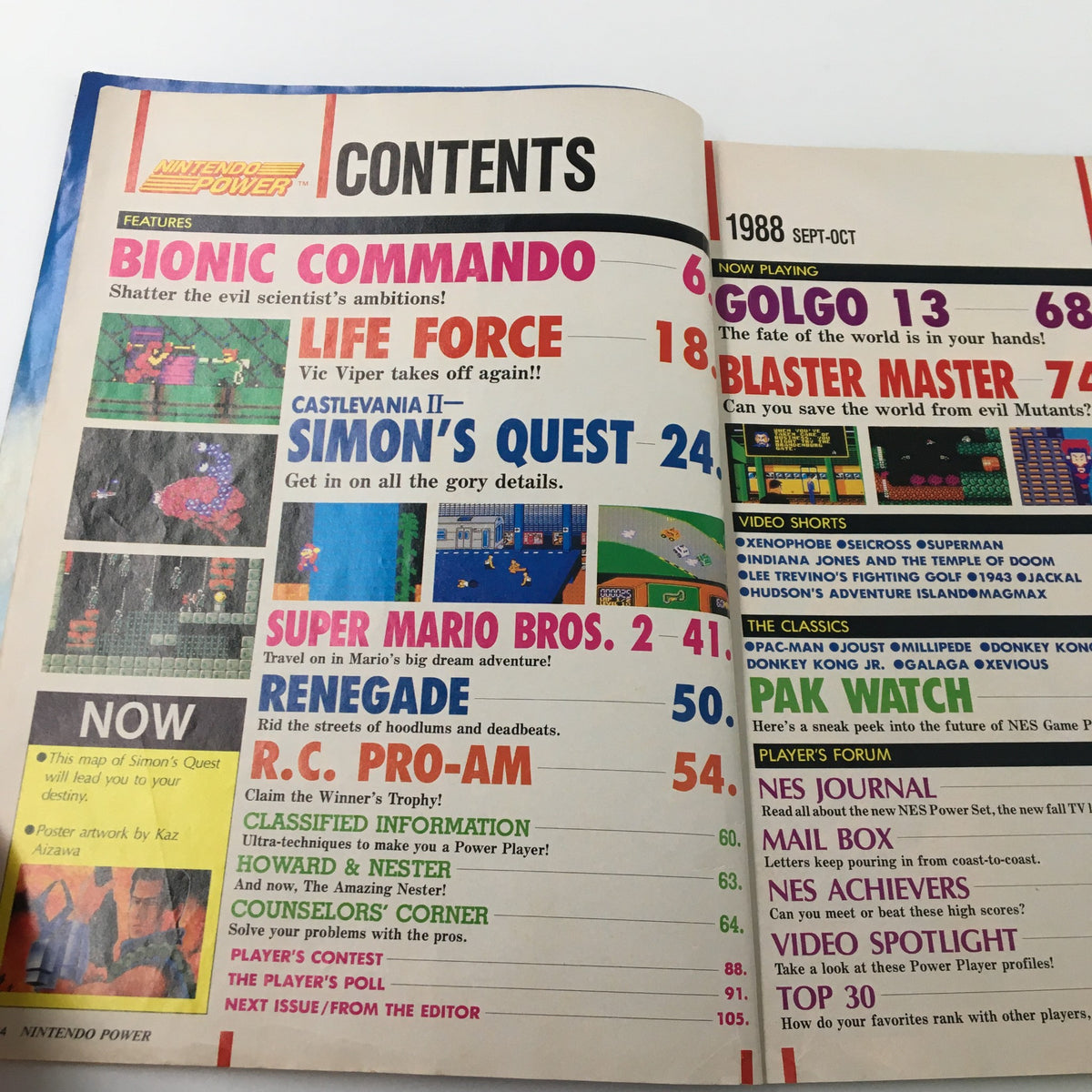 Contents page of the Nintendo Power Magazine September 1988, highlighting features including Castlevania II: Simon's Quest.