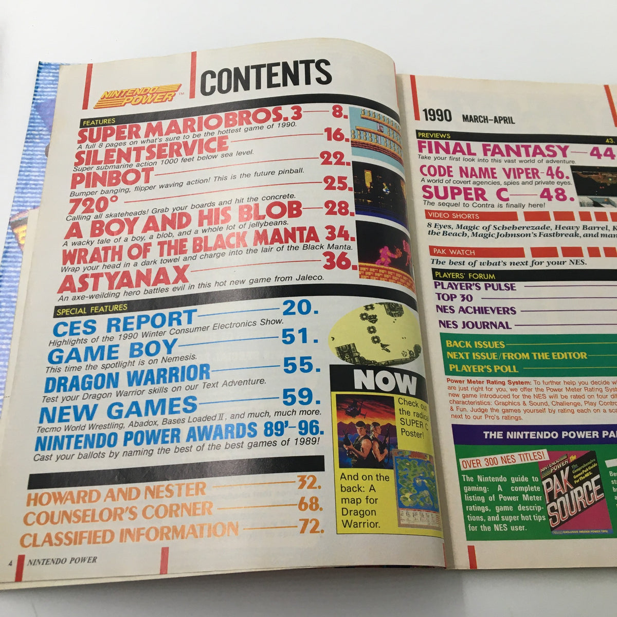 Table of contents from the Nintendo Power Magazine March 1990 featuring Super Mario Bros 3 Flying Adventure, including articles on CES Report, Game Boy, and upcoming games.