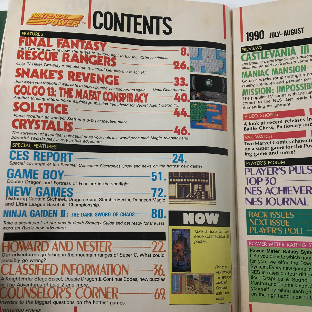 Table of contents of Nintendo Power Magazine July 1990 featuring Disney's Chip 'N Dale Rescue Rangers, with game summaries and special features.