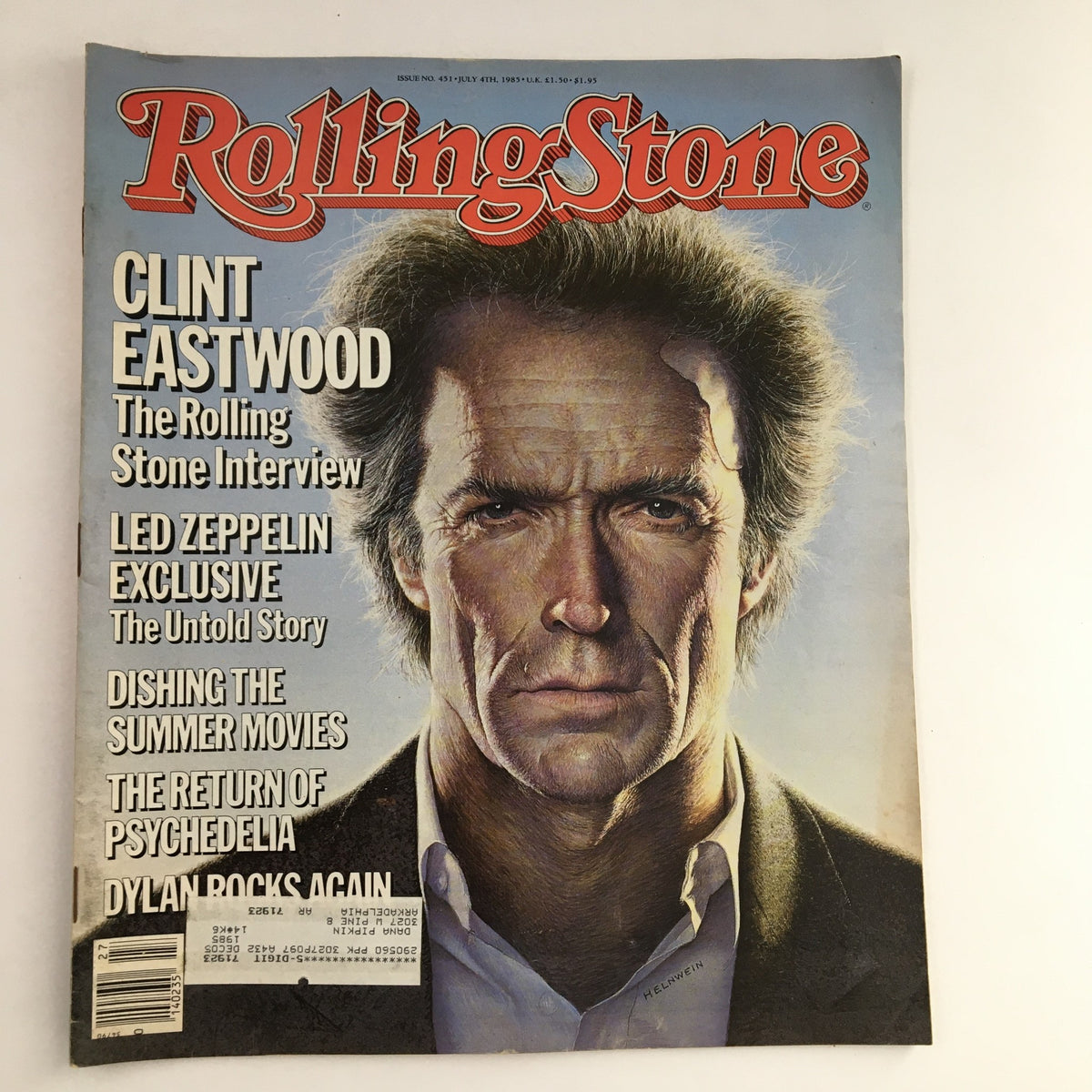 Rolling Stone Magazine cover from July 4, 1985 featuring Clint Eastwood, with highlights on Led Zeppelin and Bob Dylan, showcasing a portrait of Eastwood with intense expression and magazine details.