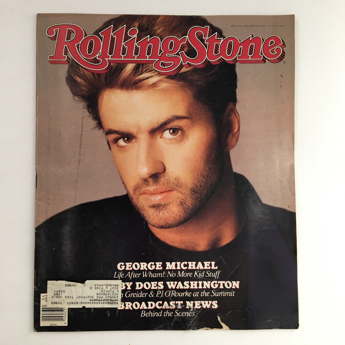 Cover of Rolling Stone Magazine January 28 1988 featuring George Michael with headline 'Life After Wham! No More Kid Stuff.'