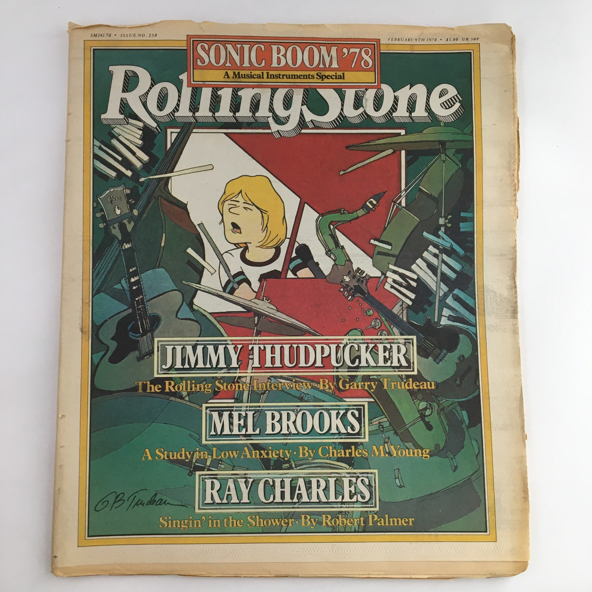 Rolling Stone Magazine cover from February 9, 1978, featuring Jimmy Thudpucker, Mel Brooks, and Ray Charles. The cover includes a vibrant illustration with musical instruments, highlighting an interview by Garry Trudeau and various features inside.