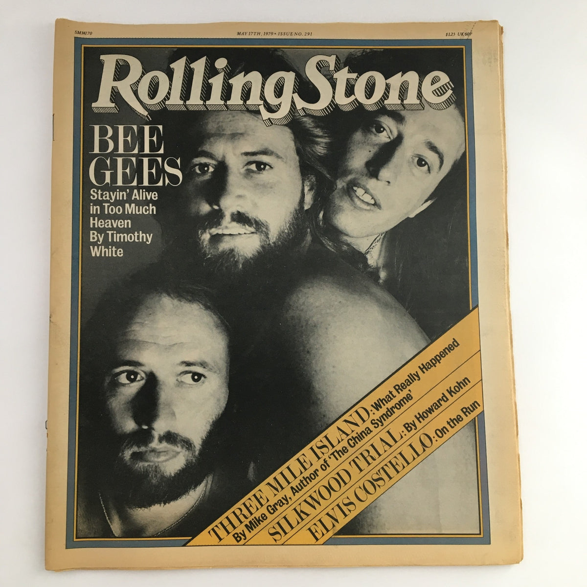 Rolling Stone Magazine May 17 1979 featuring the Bee Gees on the cover, highlighting their iconic status with articles about music history and Elvis Costello.