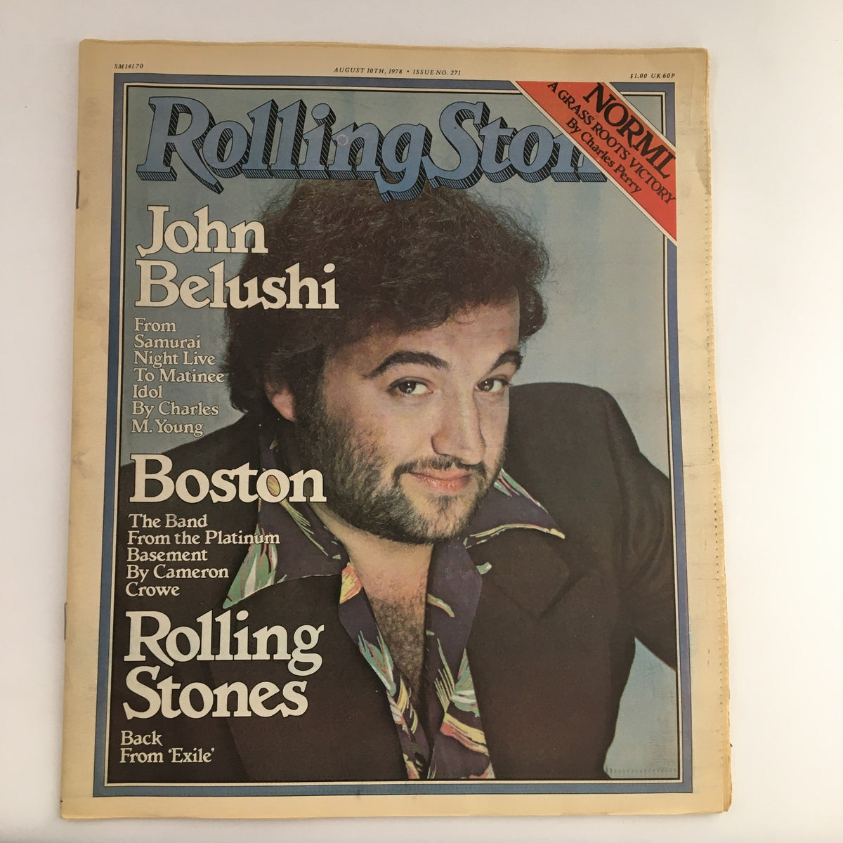 Vintage Rolling Stone Magazine August 10, 1978 featuring John Belushi on the cover, highlighting the essence of rock 'n' roll culture alongside articles about Boston and The Rolling Stones.