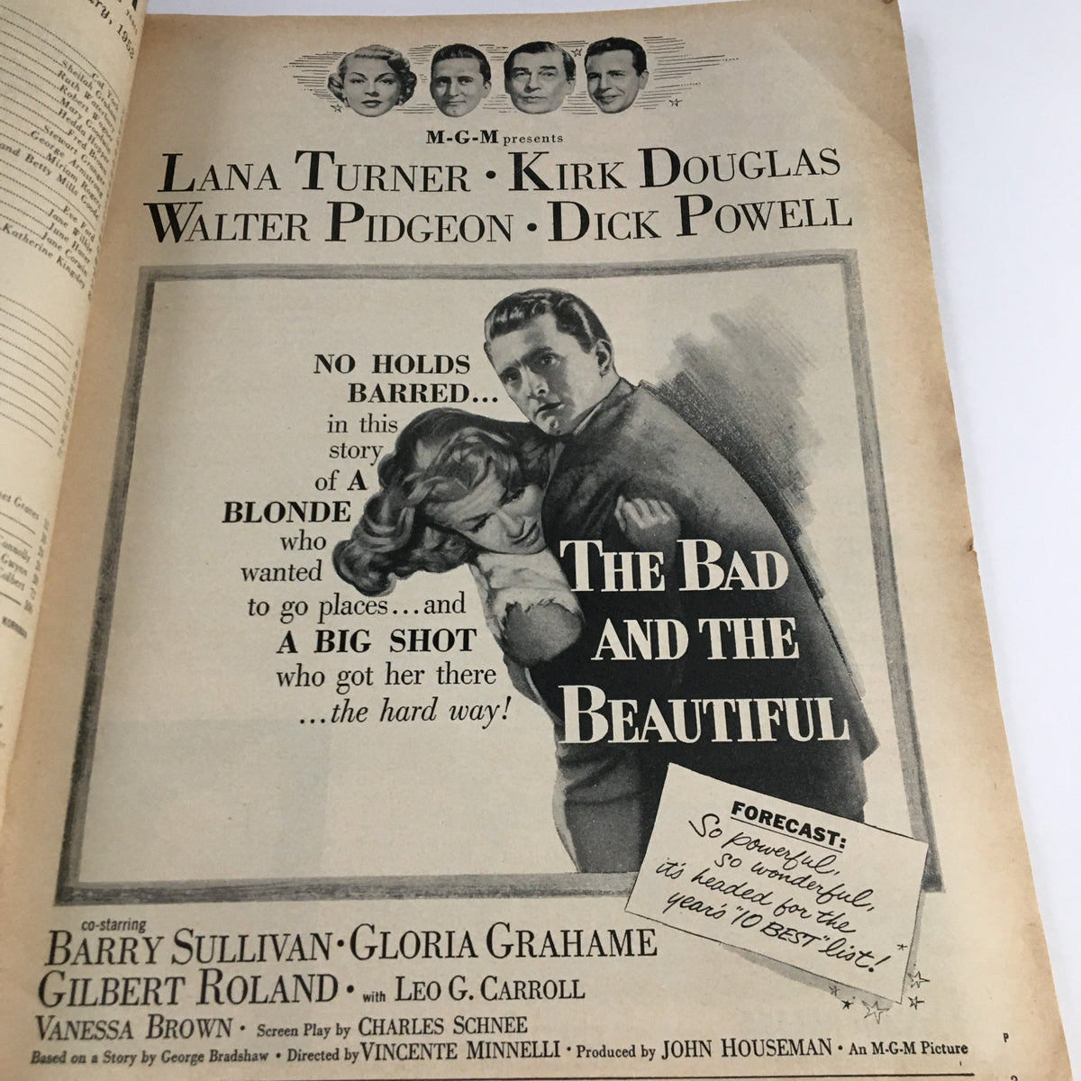 Advertisement for 'The Bad and the Beautiful' featuring Lana Turner, Kirk Douglas, and Walter Pidgeon, from the February 1953 edition of Photoplay Magazine.