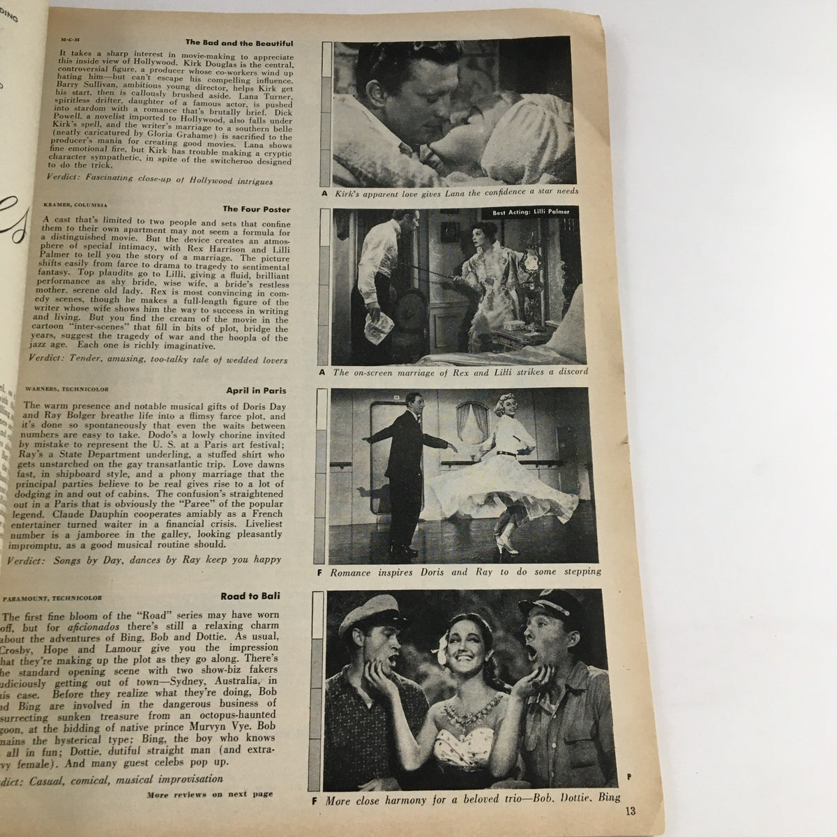 Film reviews and summaries for classic movies, including 'The Bad and the Beautiful' and 'April in Paris', from the February 1953 edition of Photoplay Magazine.
