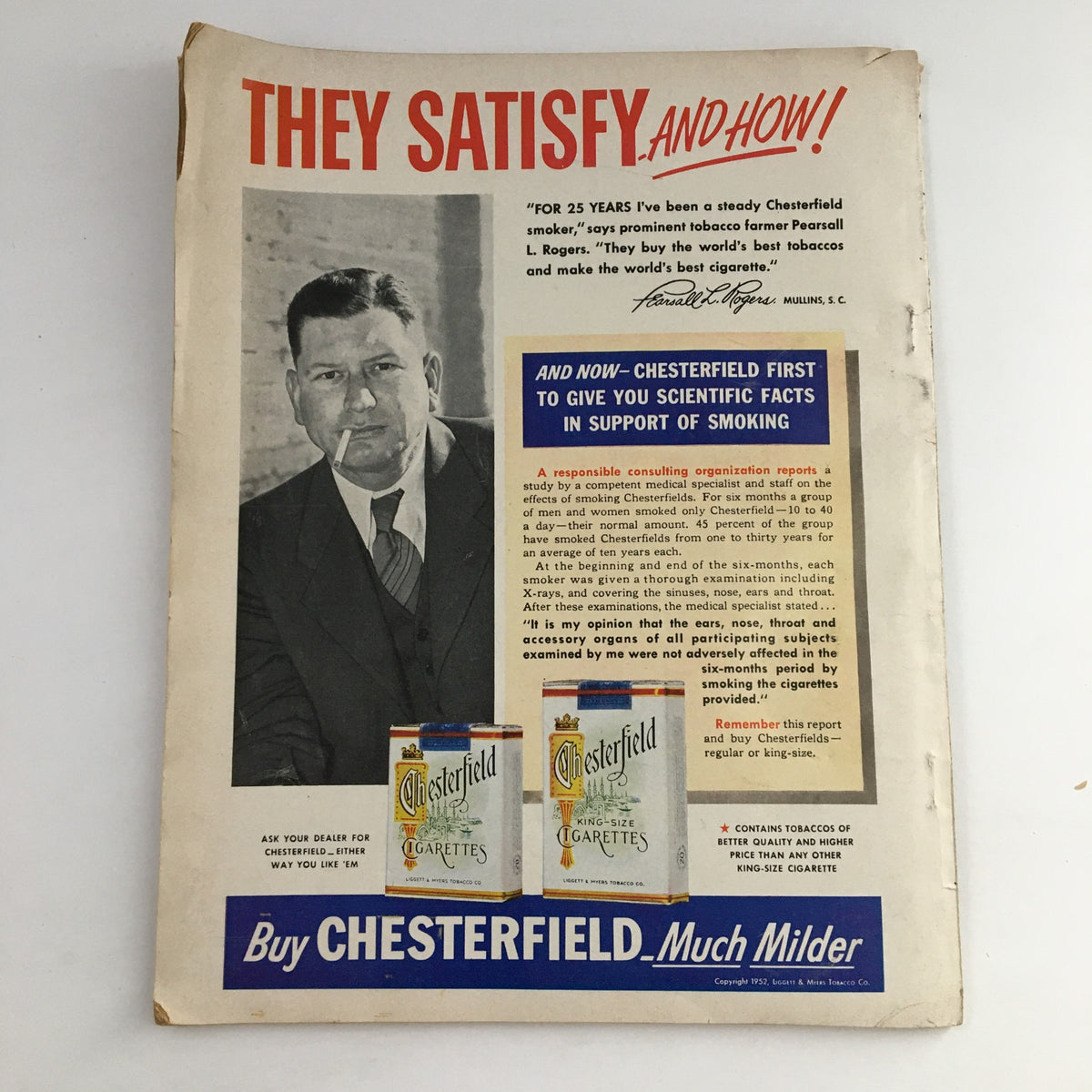 Back cover advertisement from the February 1953 Photoplay Magazine, featuring Chesterfield cigarettes and a portrait of a man.