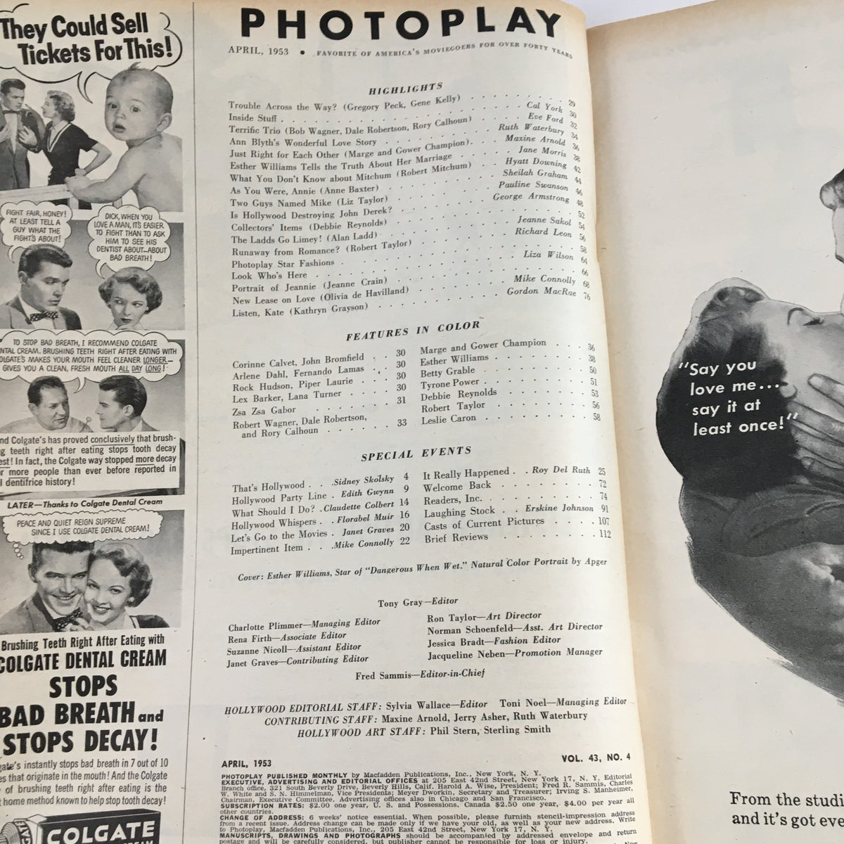 Interior page of Photoplay Magazine, April 1953, listing highlights and features. Includes articles and color segments about popular stars of the era, providing a glimpse into 1950s cinema culture.