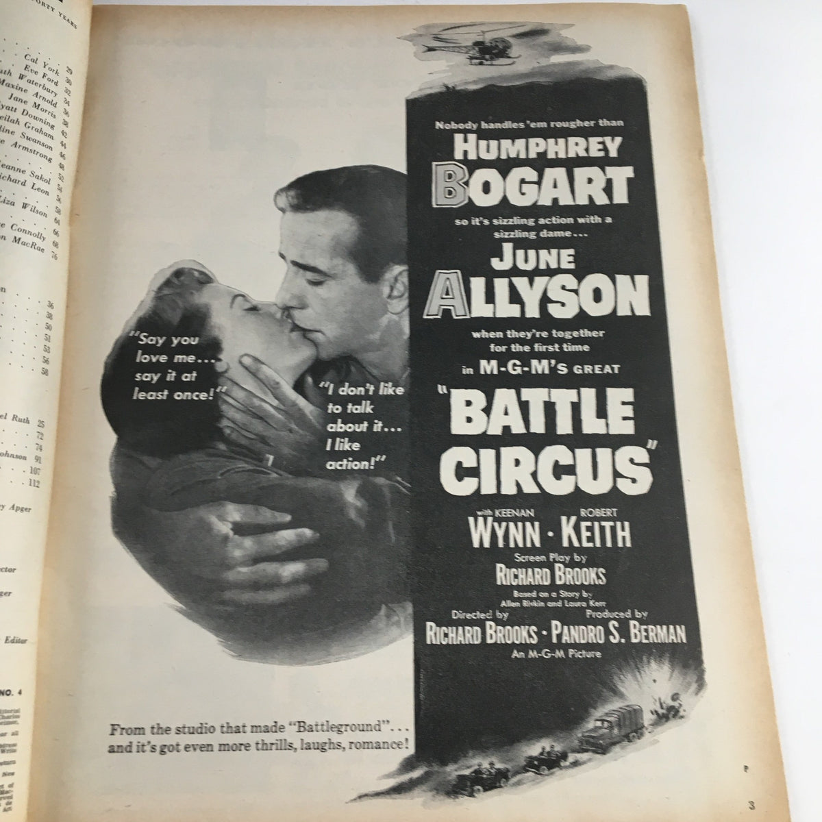 Advertisement page in Photoplay Magazine, April 1953, featuring Humphrey Bogart and June Allyson in 'Battle Circus'. A classic promotional spread highlighting films from the Golden Age of Hollywood.