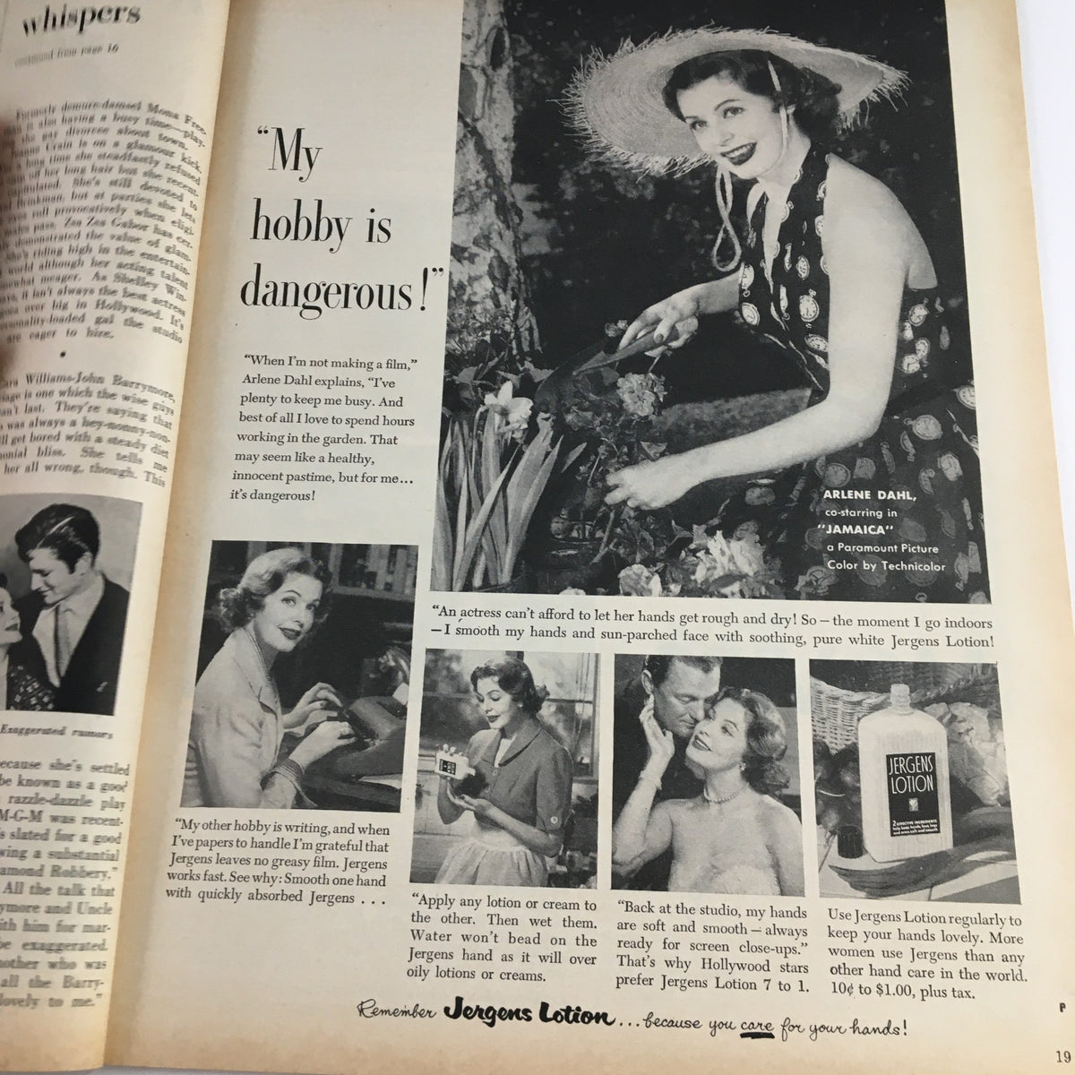 Photoplay Magazine April 1953 featuring Arlene Dahl promoting Jergens Lotion, showcasing her gardening hobby and emphasizing hand care.