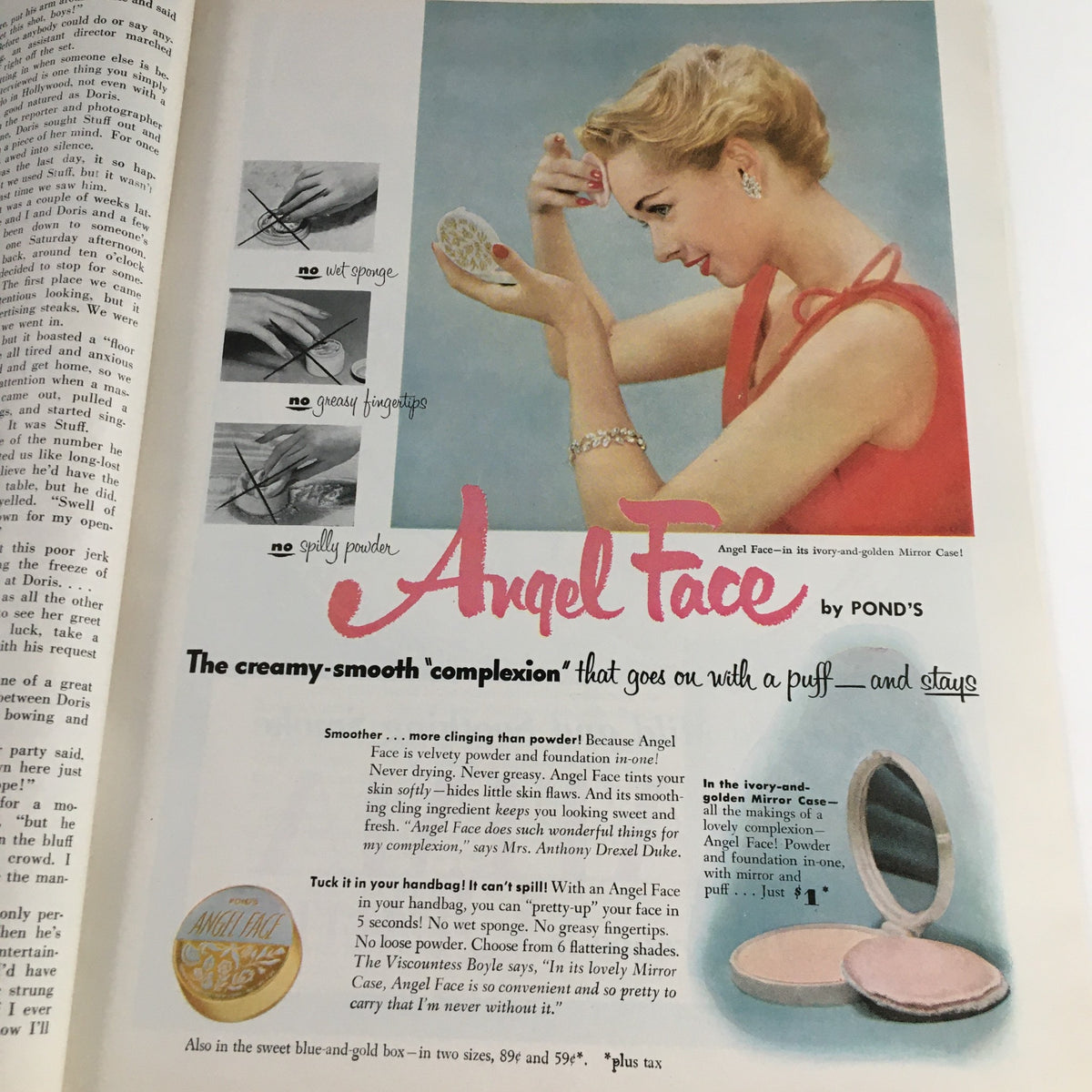 Photoplay Magazine April 1953 advertisement for Pond's Angel Face powder, highlighting its easy application and perfect complexion benefits.