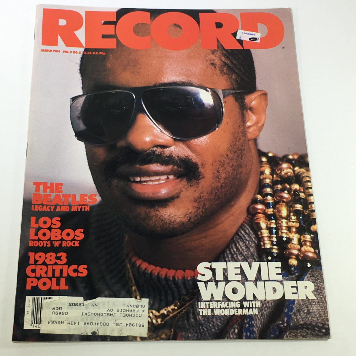 Vintage Record Magazine March 1984 cover featuring Stevie Wonder with sunglasses, showcasing headlines about The Beatles, Los Lobos, and the 1983 Critics Poll.