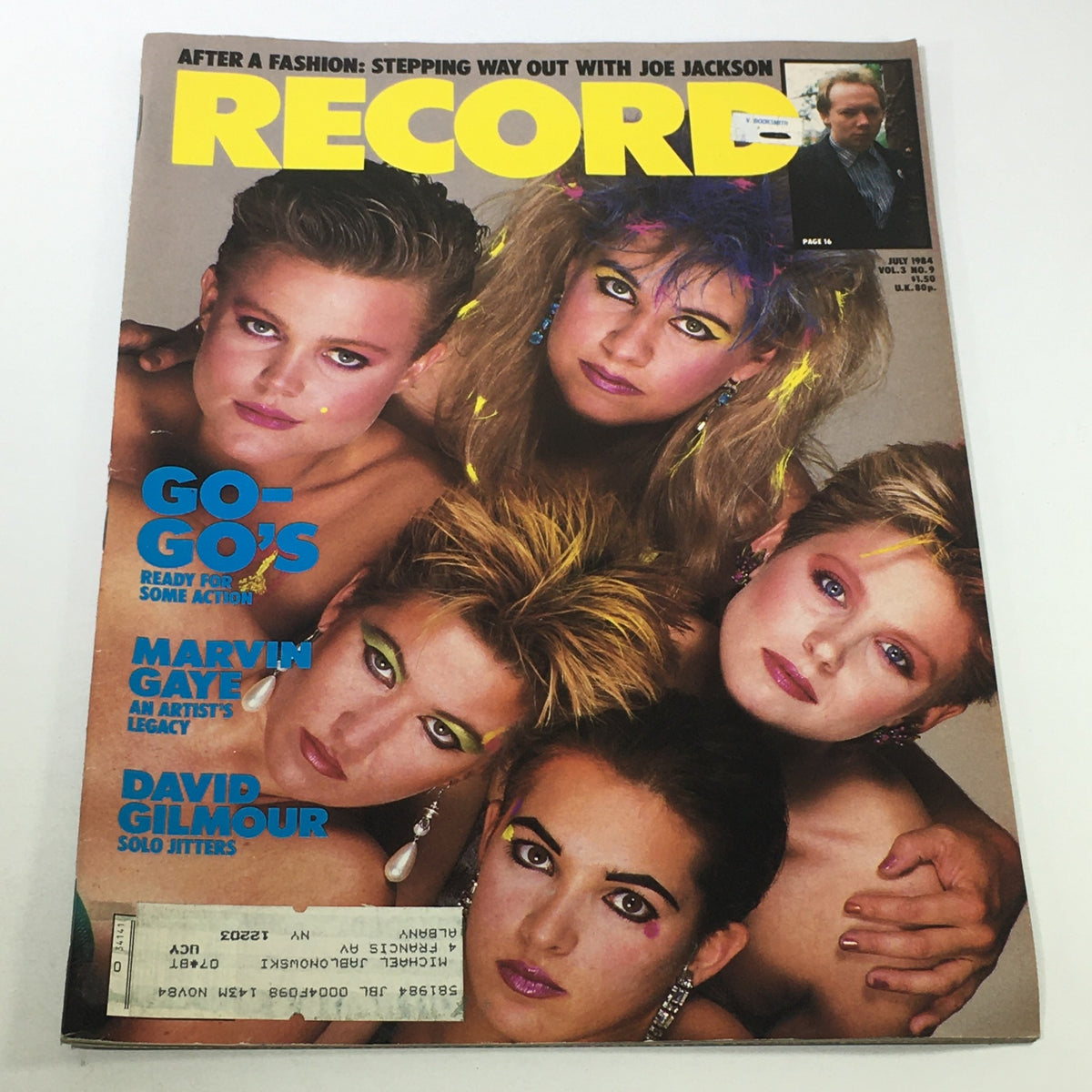 Cover of Vintage Record Magazine from July 1984 featuring the Go-Go's, Marvin Gaye, and David Gilmour. Bold colorful graphics highlight the artists, capturing the vibrant music culture of the 1980s.