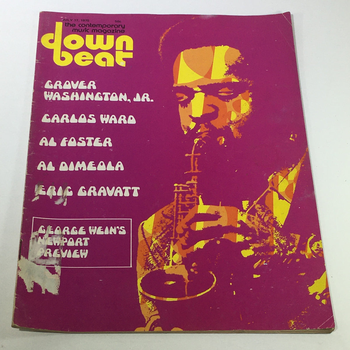 Cover of VTG Down Beat Magazine dated July 17, 1975 featuring Grover Washington Jr., Al Foster, and a bold graphic design highlighting jazz icons.