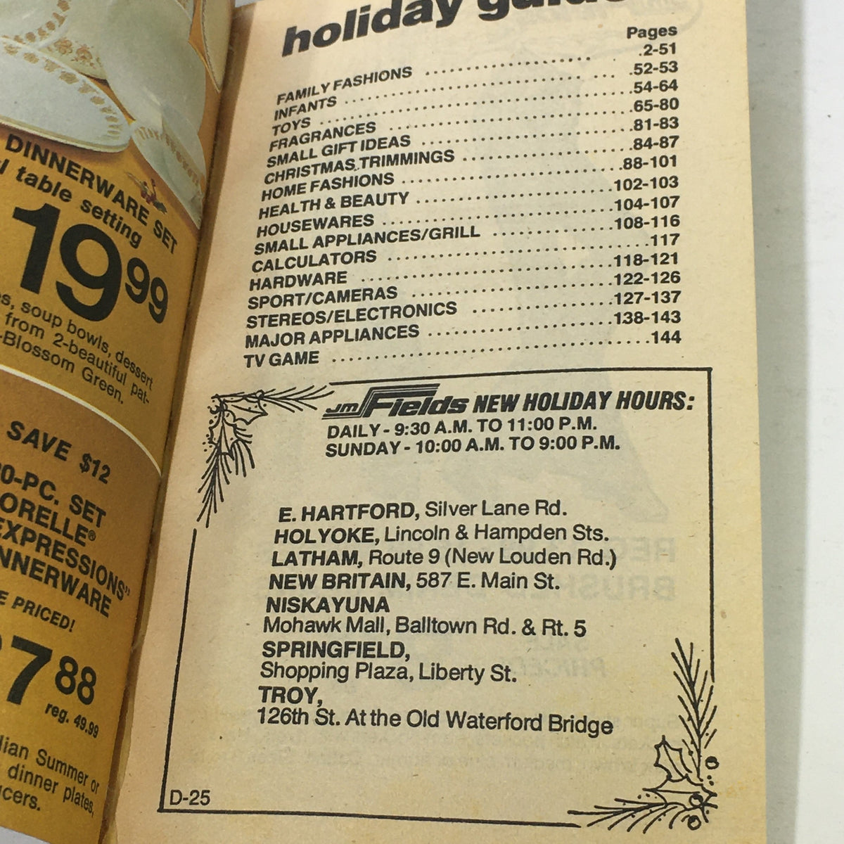 Interior page of the VTG JM Fields The Christmas Sale Price Guide Catalog 1970s showcasing the product categories and holiday hours of jmFields.