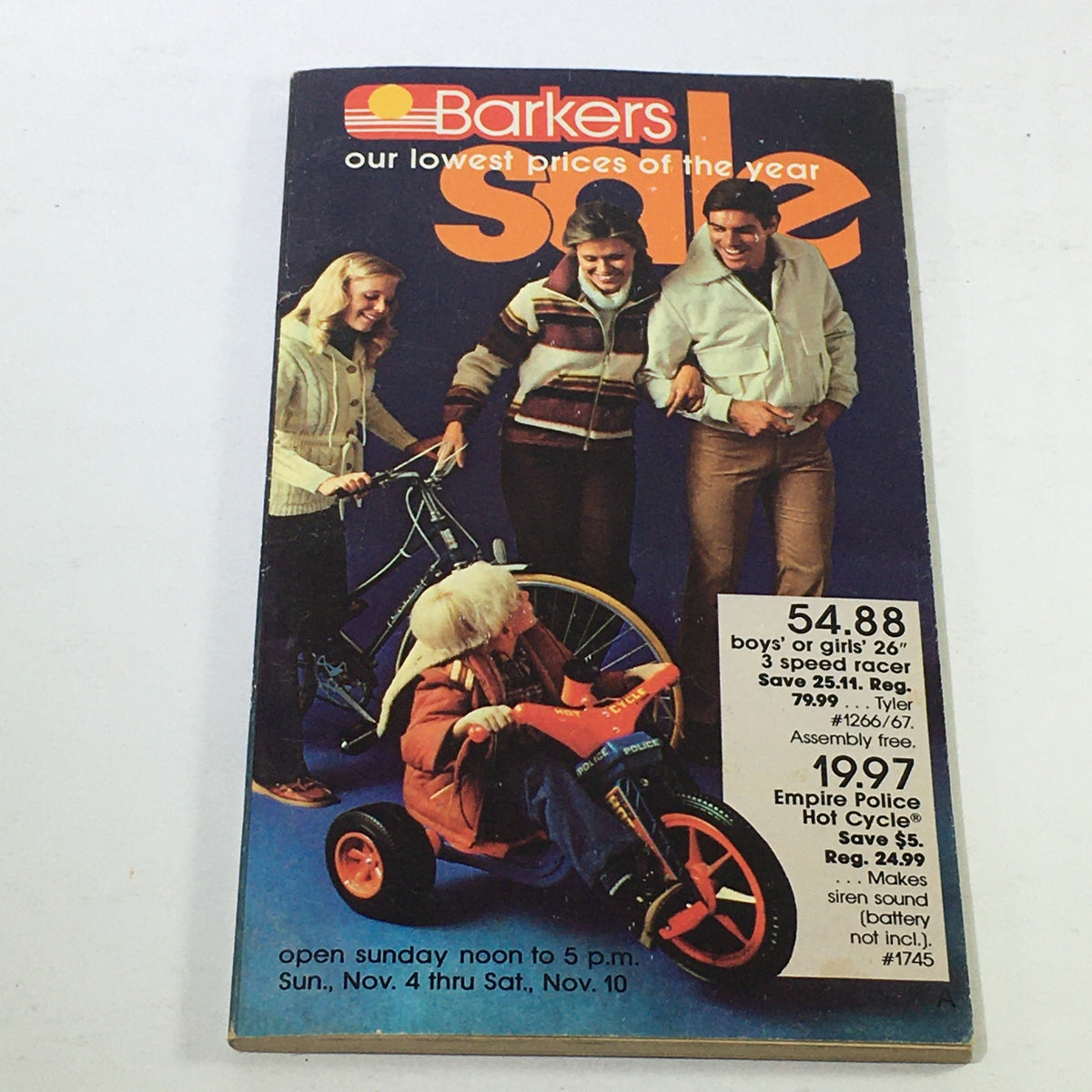 VTG Barkers Lowest Price Guide Catalog of The Year Rare 1970s featuring a family enjoying children's toys with promotional prices on the cover.
