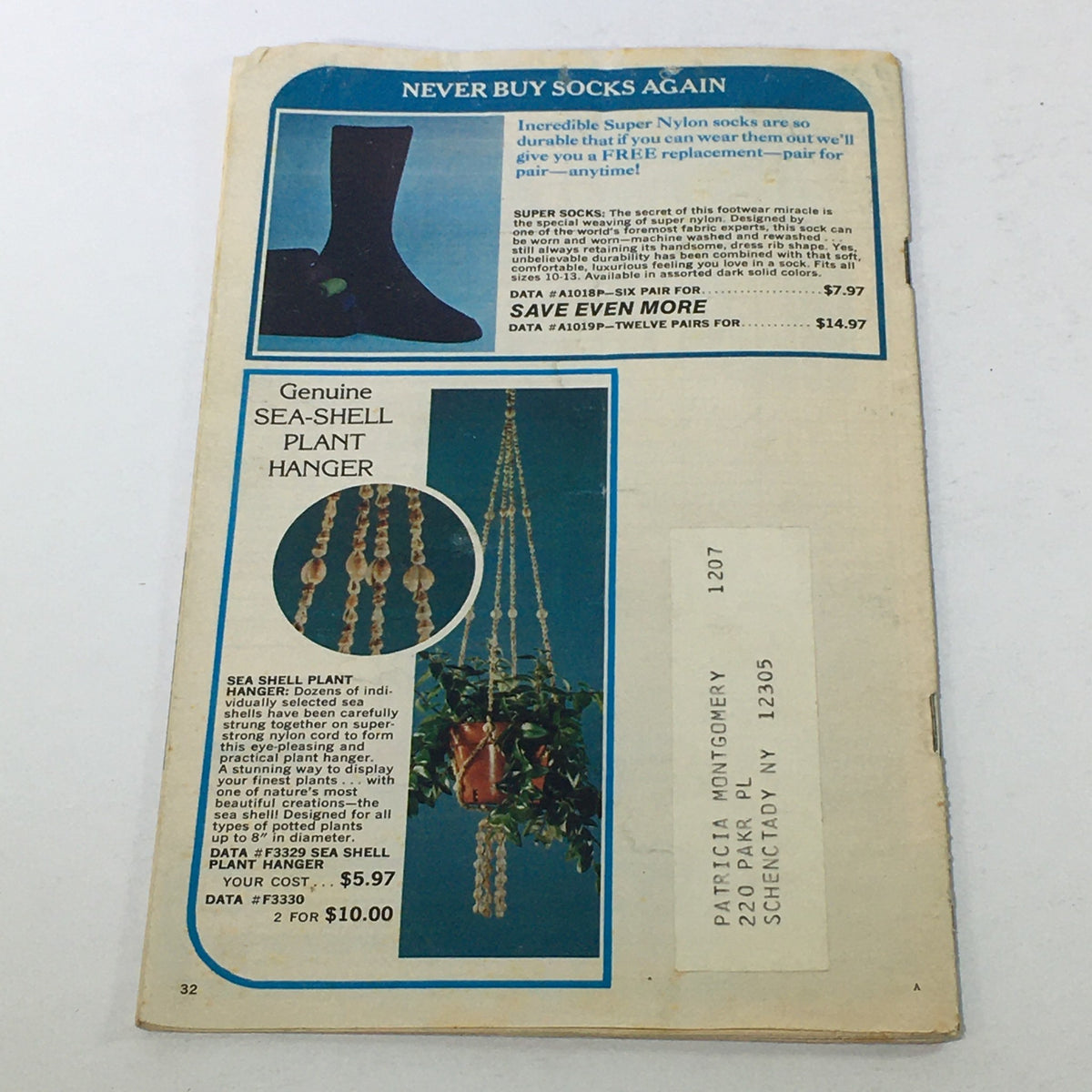 Image of the back cover of the VTG Rare United States Purchasing Exchange Price Guide Catalog, featuring advertisements for socks and a plant hanger, showcasing product details and pricing.