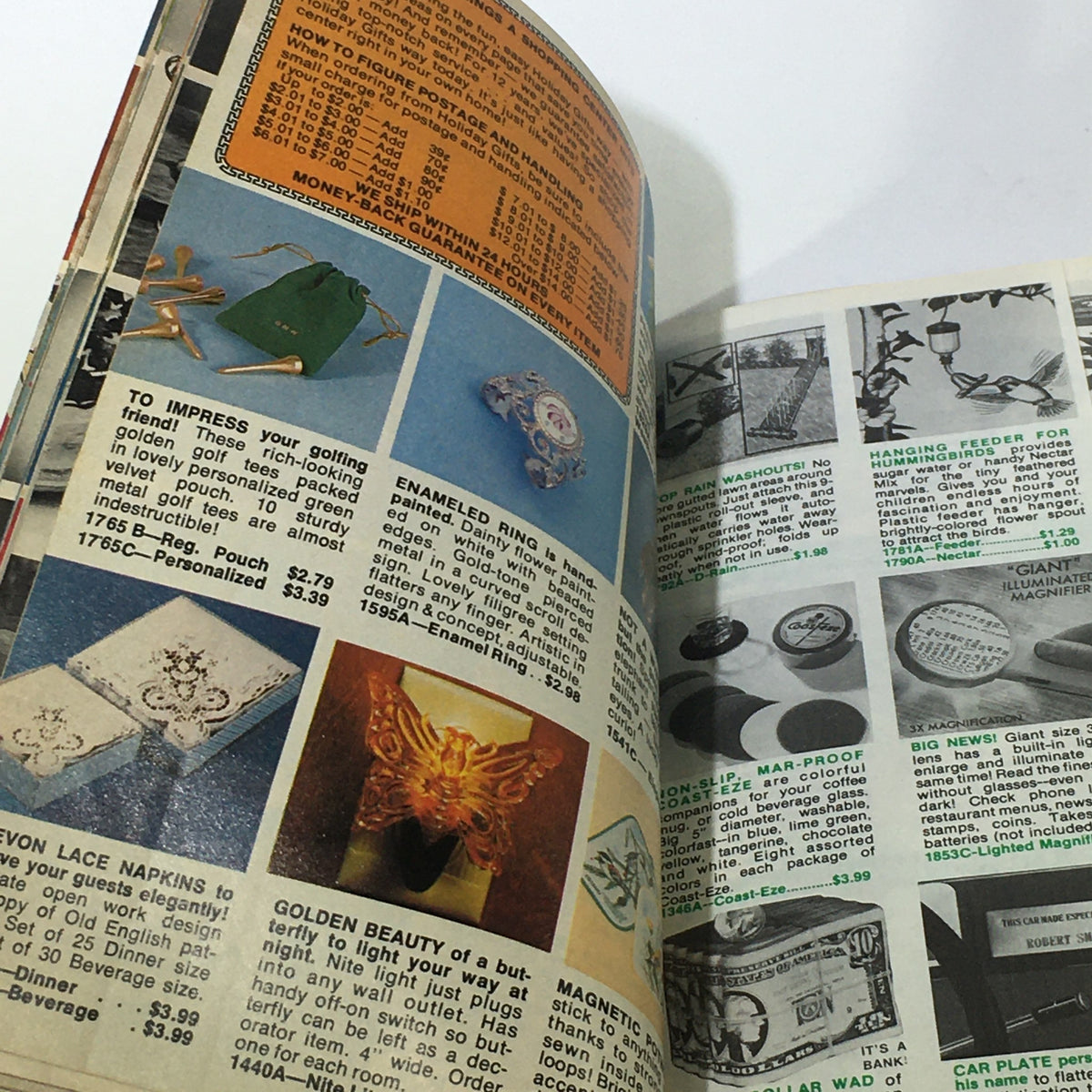 Inside pages of the VTG Rare Summer Sizzlers Holiday Gifts Price Guide Catalog displaying various holiday gift items, including decorative products and offers.
