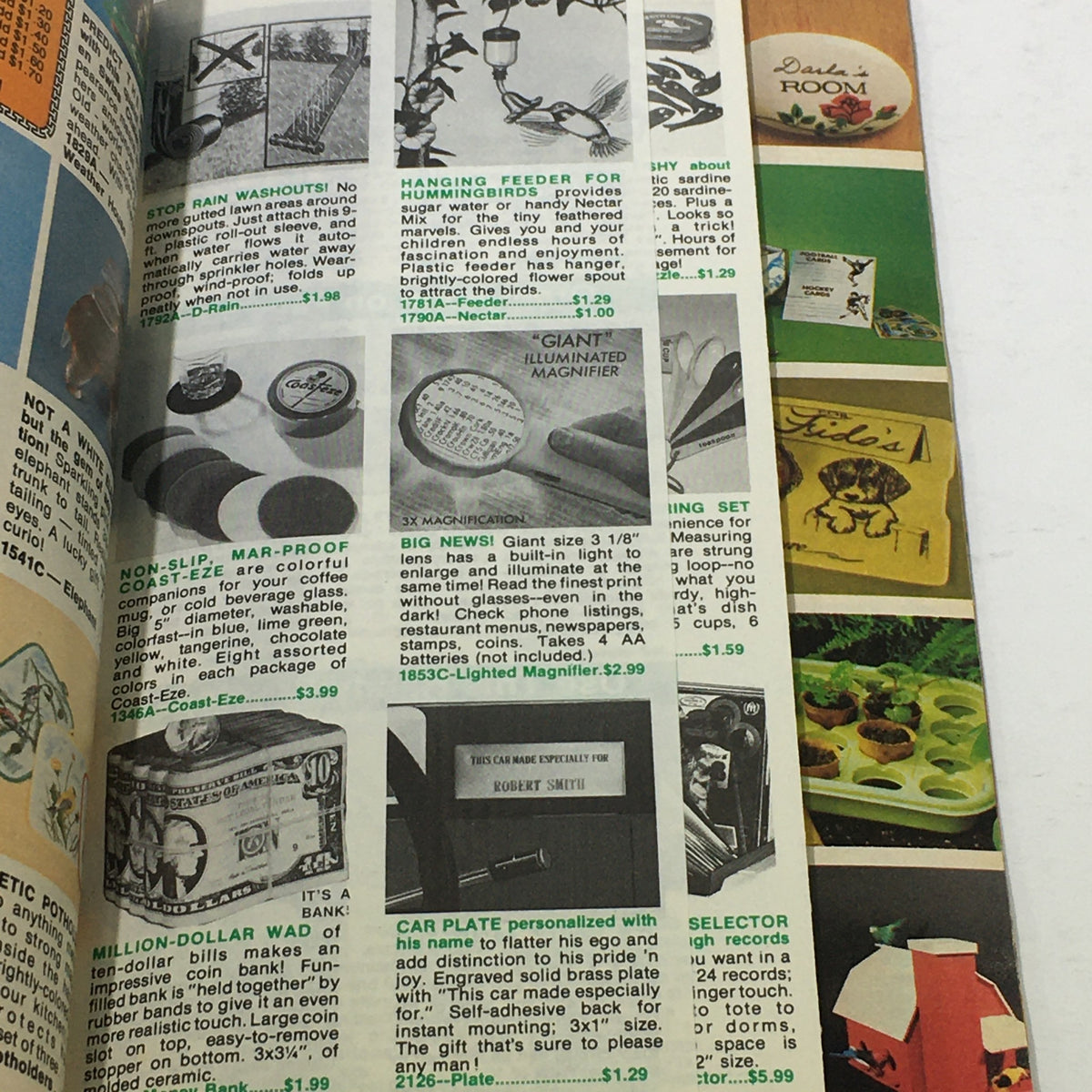 Page from VTG Rare Summer Sizzlers Holiday Gifts Price Guide Catalog featuring various novelty items like hangers, a magnifier, and decorative gifts.