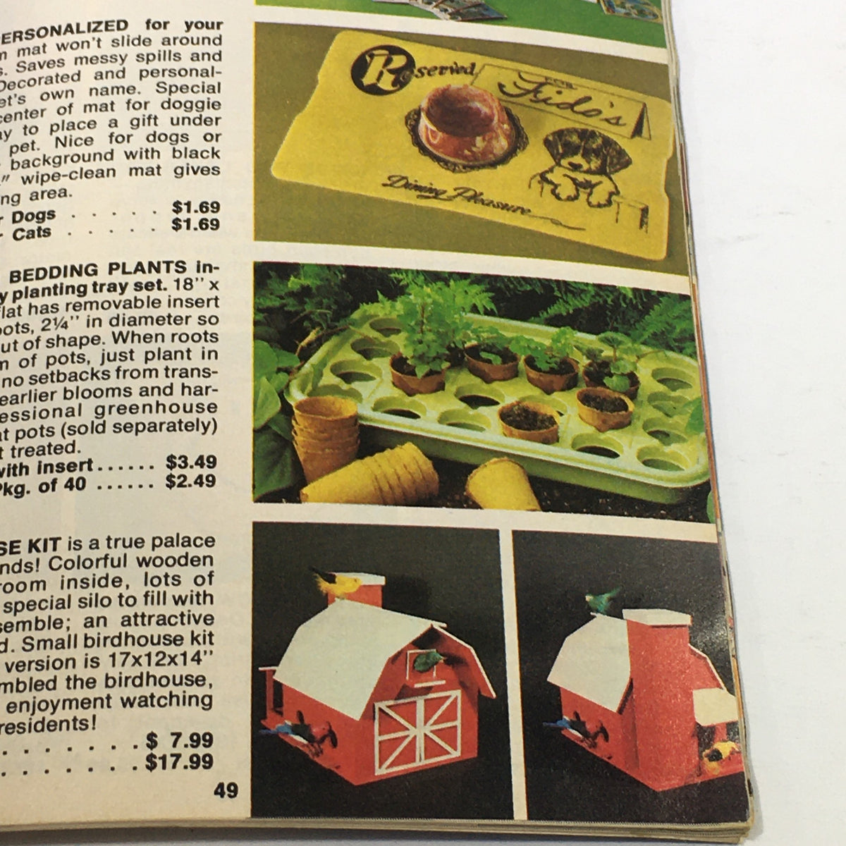 Image from VTG Rare Summer Sizzlers Holiday Gifts Price Guide Catalog displaying personalized gifts, including a colorful birdhouse kit and gardening accessories.