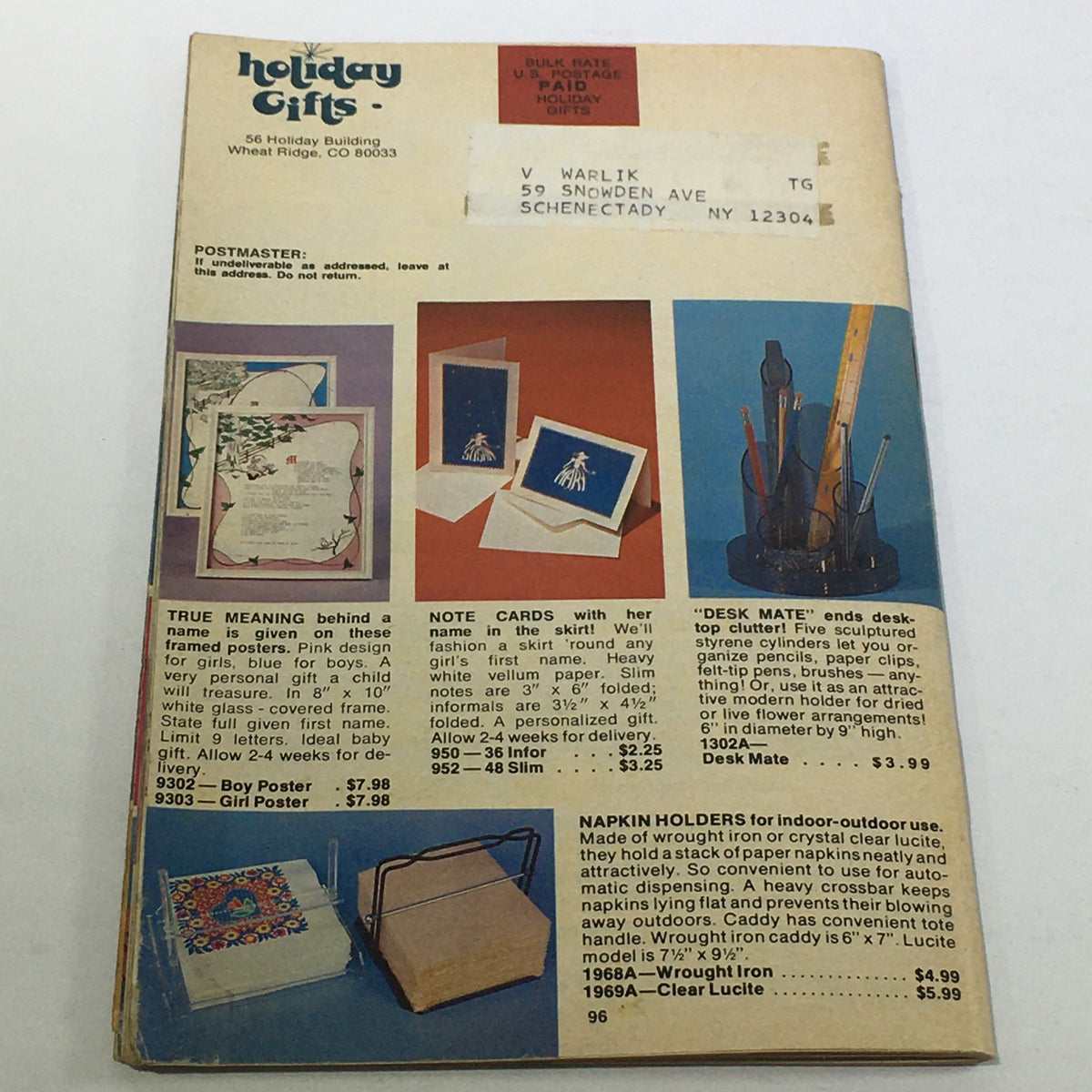 Back cover of VTG Rare Summer Sizzlers Holiday Gifts Price Guide Catalog, showcasing holiday cards, desk accessories, and various other gift items.