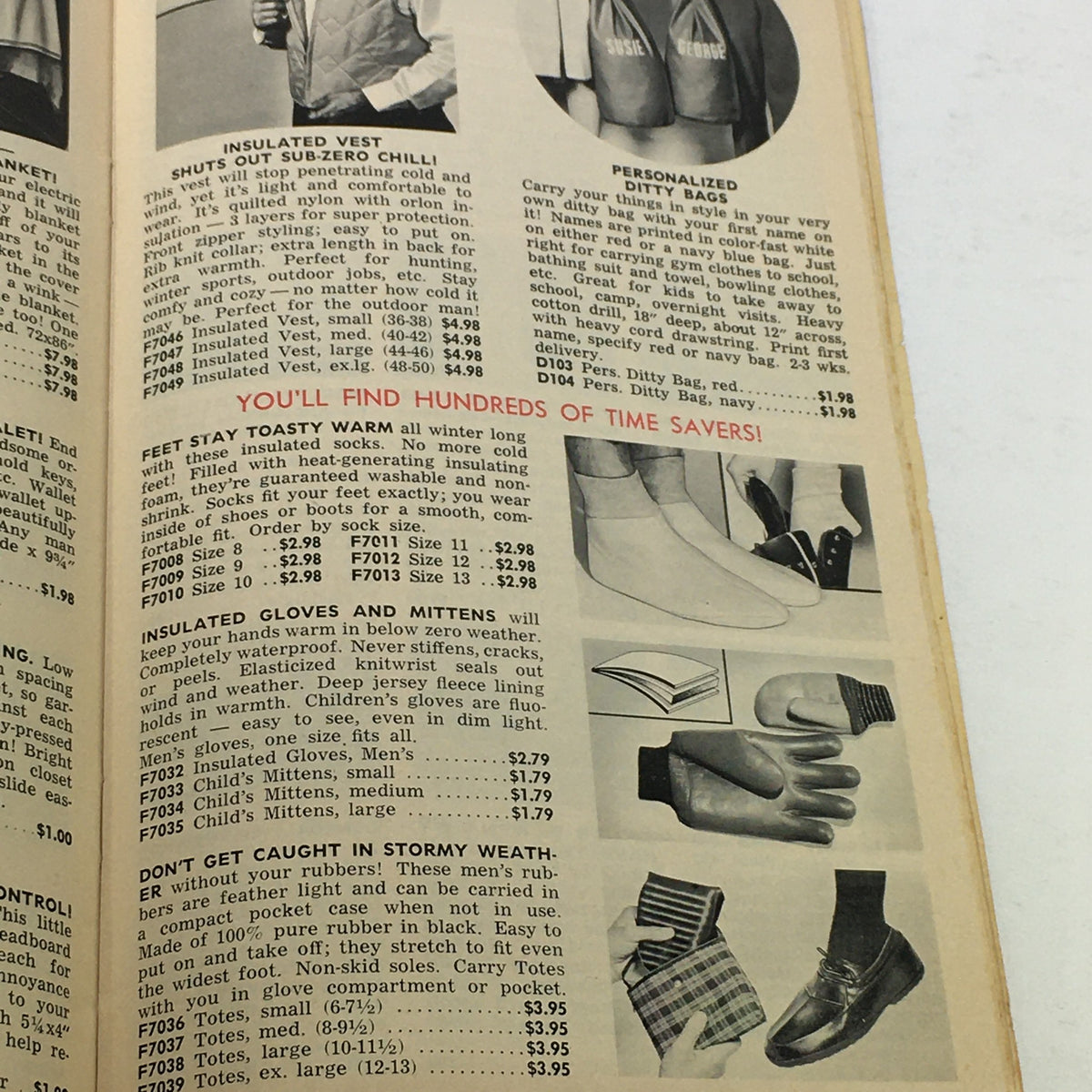 Interior page of the VTG Rare Walter Drake Idea Book For Christmas Price Guide Catalog December 1966 featuring insulated clothing and personalized items with prices.