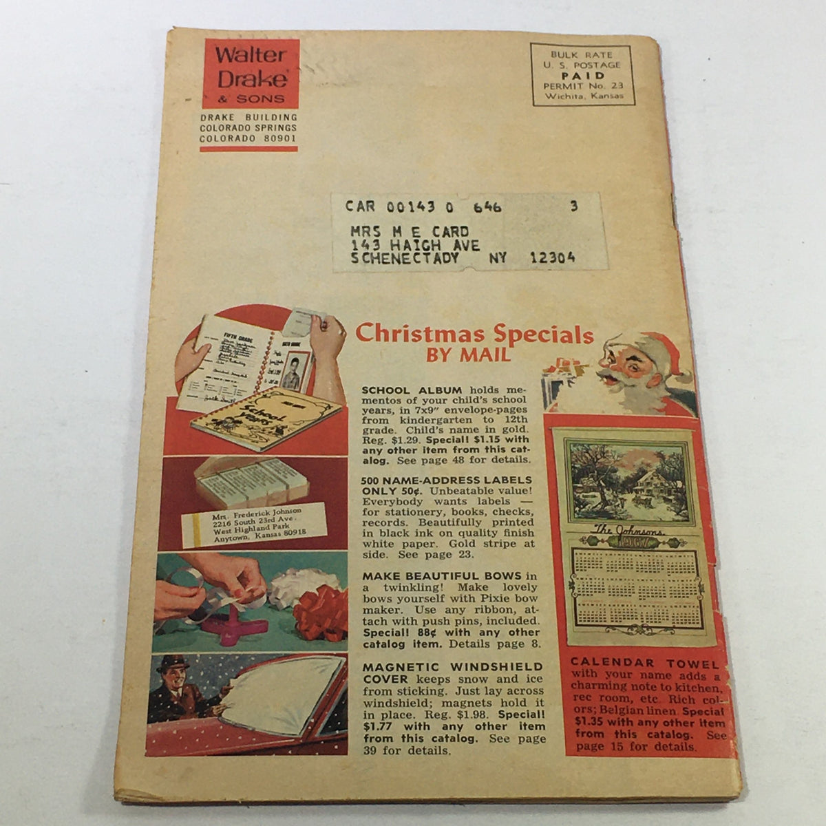 Vintage Walter Drake Idea Book For Christmas Price Guide Catalog from December 1966, featuring Christmas mail specials, address labels, and holiday crafts, with an address label on the front and minor wear on the edges.