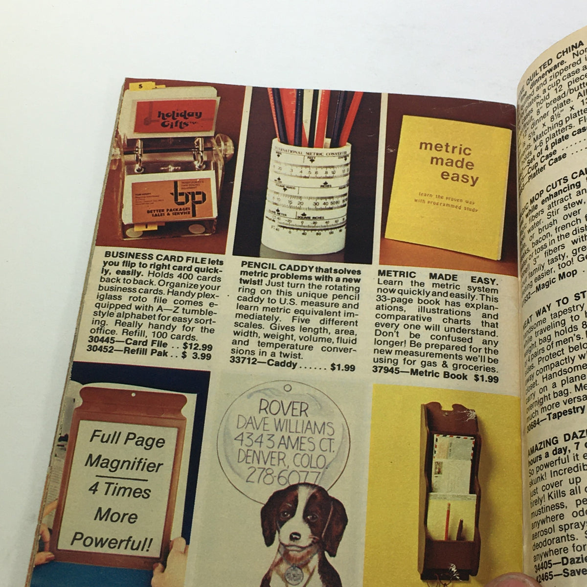 Another interior page from the VTG Rare Santa's Helpers Holiday Gifts Price Guide Catalog 1967, featuring various holiday items such as business card files and a dog illustration.