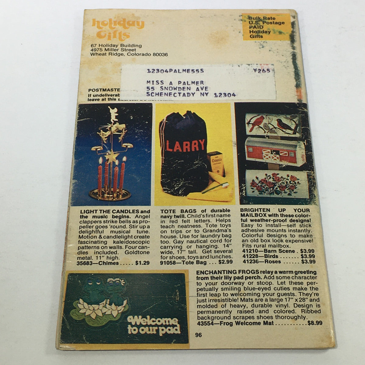 Back cover of the VTG Rare Santa's Helpers Holiday Gifts Price Guide Catalog 1967, displaying mailing details and holiday gift advertisements.