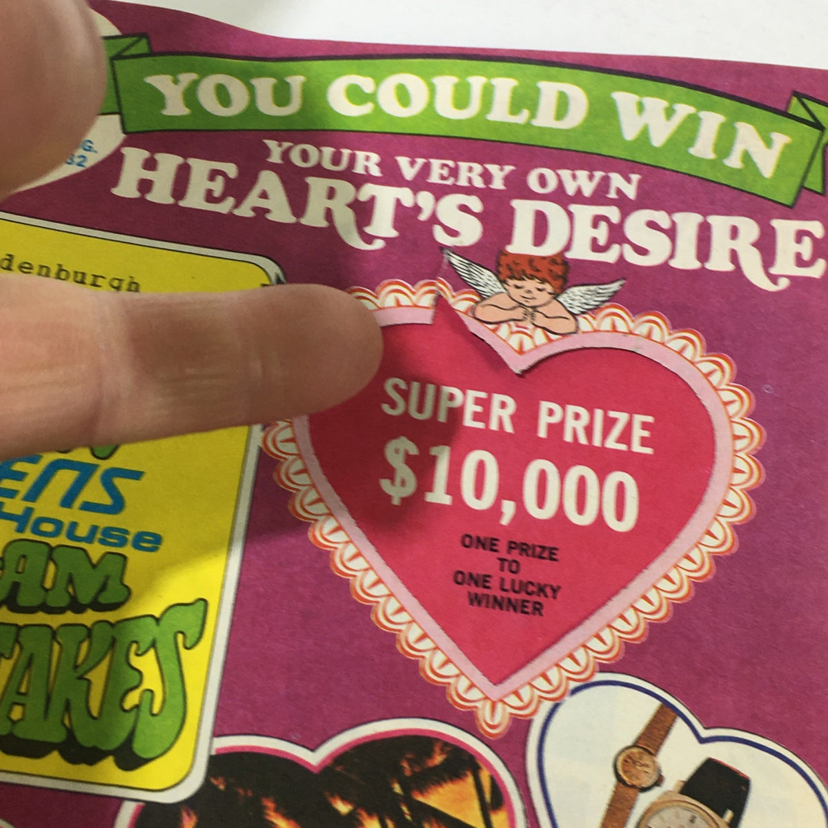 Close-up of the sweepstakes section on the front of the VTG Rare Aldens Foster House Price Guide Catalog 1977 highlighting the $10,000 super prize.
