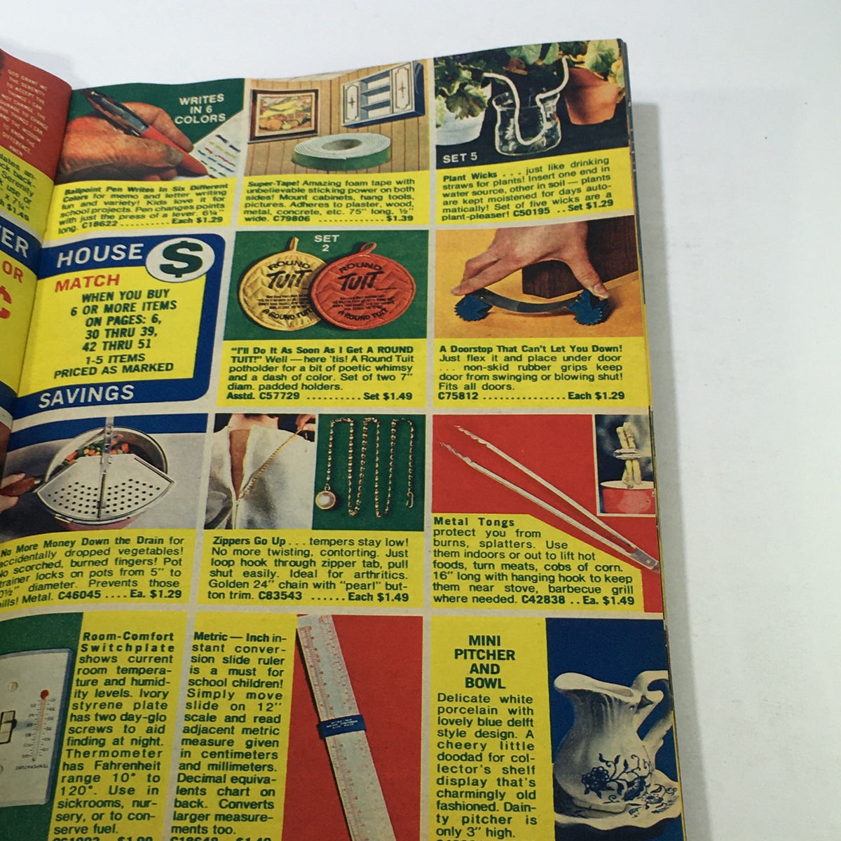 Interior page of the VTG Rare Aldens Foster House Price Guide Catalog 1977 featuring household products, color graphics, and pricing for various items like plant wicks and metal tongs.