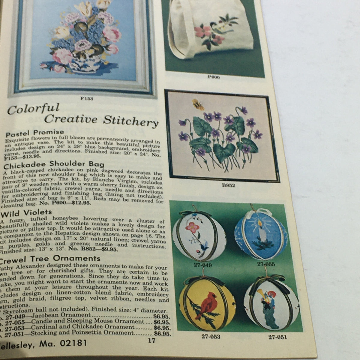 Another inside page of the VTG Rare The Stitchery 11th Year Price Guide Catalog Spring-Summer 1975 displaying colorful creative stitchery designs like pastel flowers and ornaments.