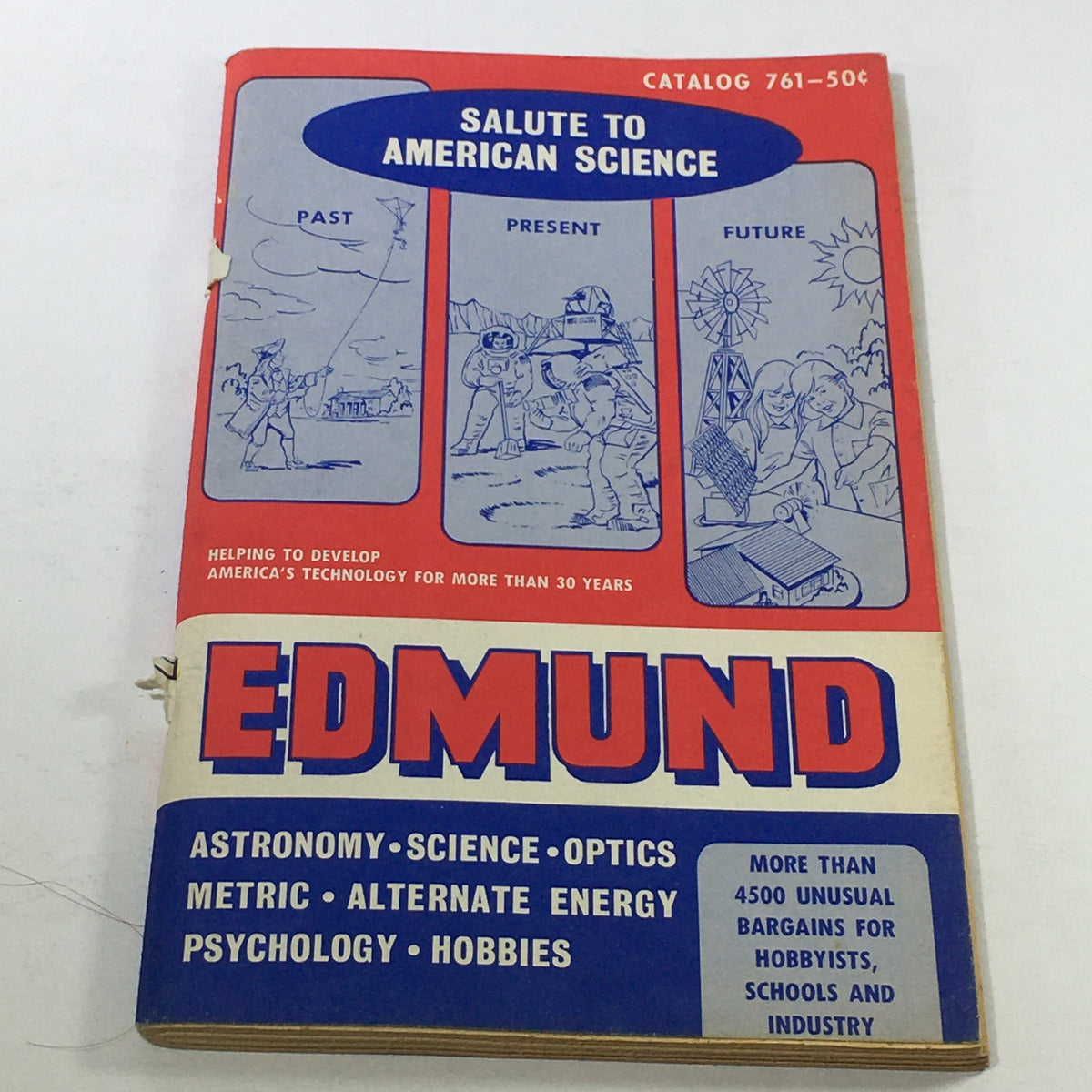 VTG Rare Edmund America's Technology Catalog 761 cover from the mid 1970s, featuring illustrations representing past, present, and future of American science, with a focus on astronomy, science, optics, alternate energy, and hobbies.