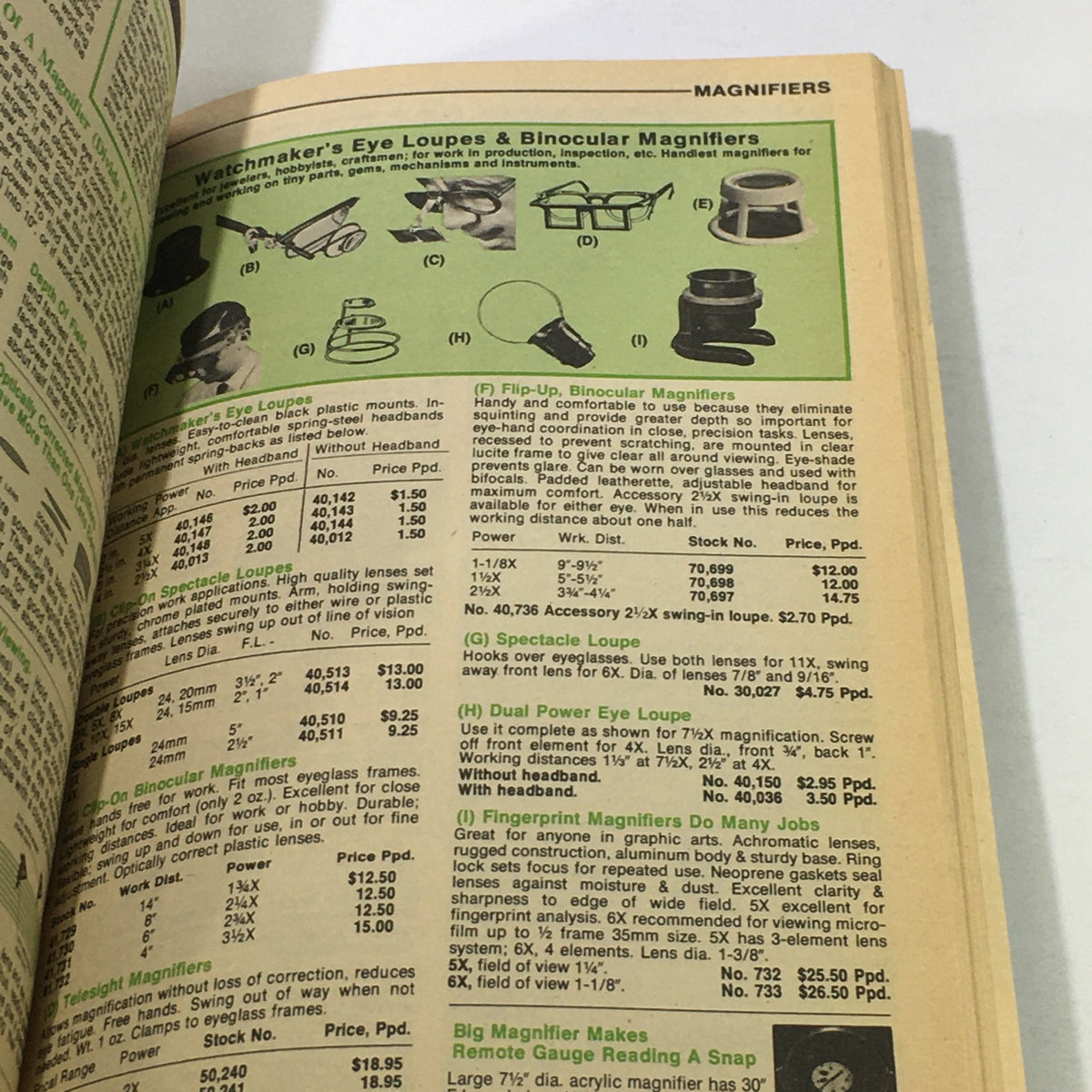Magnifier section of VTG Rare Edmund America's Technology Catalog 761 from the Mid 1970s showcasing various watchmaker's eye loupes and binocular magnifiers.