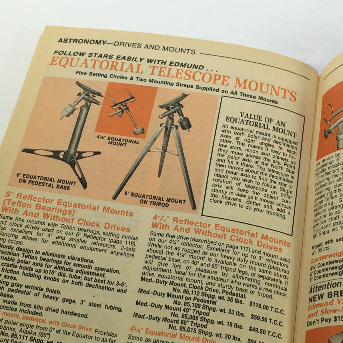 Astronomy section of VTG Rare Edmund America's Technology Catalog 761 from the Mid 1970s illustrating equatorial telescope mounts for stargazing.