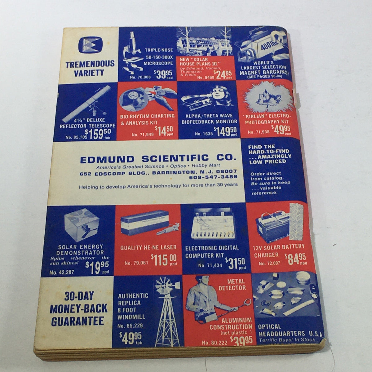 Back cover of VTG Rare Edmund America's Technology Catalog 761 from the Mid 1970s displaying a variety of scientific equipment and tools available from Edmund Scientific Co.