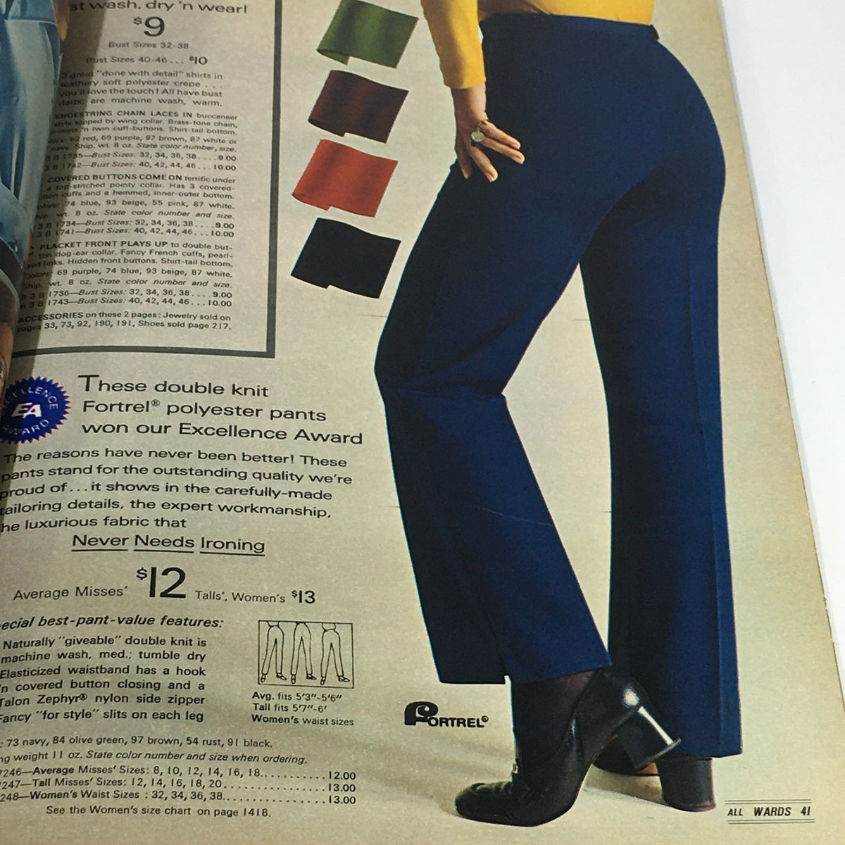 Montgomery Ward Price Guide Catalog Fall-Winter 1970 featuring double knit Fortrèl polyester pants in various colors, showcased with pricing details.