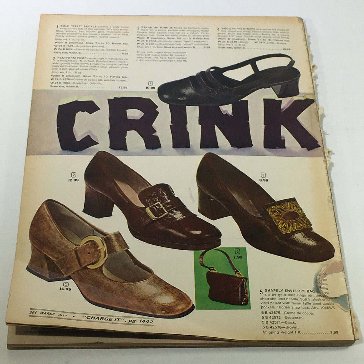 Montgomery Ward Price Guide Catalog Fall-Winter 1970 displaying stylish women's shoes, with prices and product details, reflecting 1970s footwear trends.